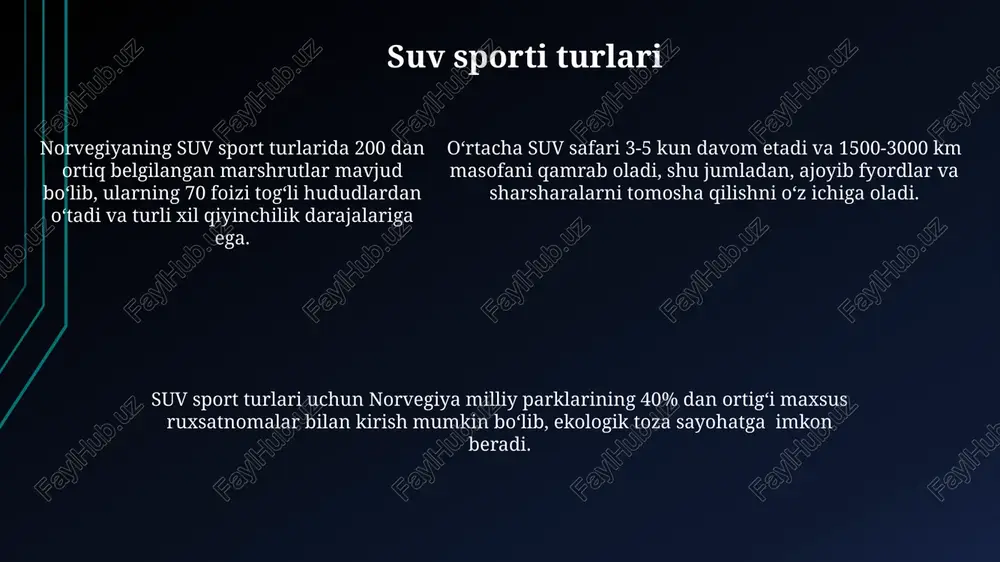 rizm sektorining yalpi ichki mahsulotiga (yaim) qo'shgan hissasi taxminan 3% ni tashkil etadi va yillik 2 milliondan ortiq xalqaro sayyohlarni jalb qiladi, bu mamlakat iqtisodiyoti uchun muhimdir. norvegiya turizm sektorining yalpi ichki mahsulotiga (yaim) qo'shgan hissasi taxminan 3% ni tashkil etadi va yillik 2 milliondan ortiq xalqaro sayyohlarni jalb qiladi, bu mamlakat iqtisodiyoti uchun muhimdir. qishki sport turlari norvegiyada qishki sport turlari bilan shug‘ullanish uchun 200 dan ziyod professional va havaskor sportchilar uchun mo‘ljallangan sport majmualari mavjud. qishki olimpiada o‘yinlarida norvegiya terma jamoasi 100 dan ortiq medalni qo‘lga kiritgan bo‘lib, bu mamlakatning qishki sport turlari sohasidagi yuqori darajasini ko‘rsatadi. norvegiyaning tog‘ chang‘isi kurortlarida 300 dan ortiq chang‘i yo‘llari mavjud bo‘lib, ularning uzunligi 1000 kilometrdan oshadi. norvegiyaga sayohat qilish bo'yicha maslahatlar norvegiyaga sayohatingiz davomida, 24 soatlik quyosh nuri ta'siridan himoyalanish uchun yuqori spfli quyosh kremi va shlyapa kabi asboblardan foydalaning, ayniqsa, yoz oylarida. norvegiya fjordlari bo'ylab sayohat qilish uchun feribotlardan foydalanishni …