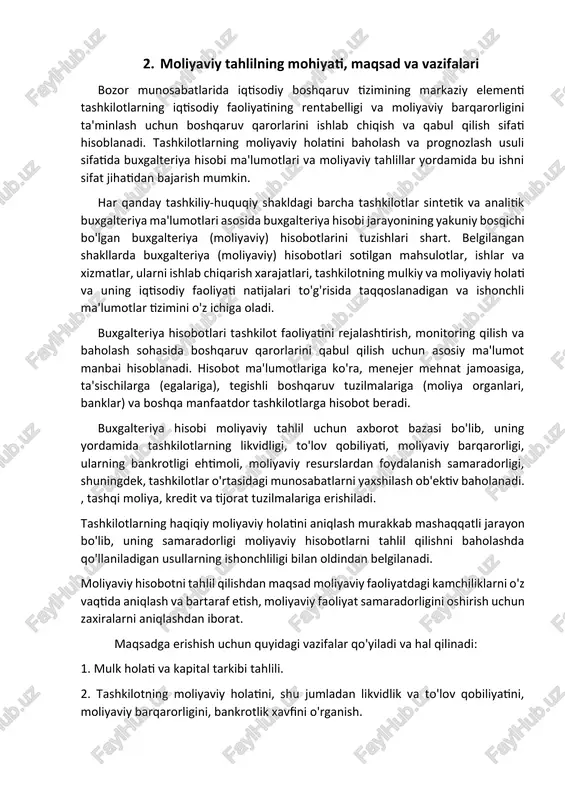 liyaviy holatini tahlil qilish va uning asosida ularning manfaatlarini optimallashtirish bo'yicha qarorlar qabul qilish uchun belgilangan maqsadlarga erishish. ichki foydalanuvchilar uchun moliyaviy hisobotlarni tahlil qilish zarurati quyidagicha. menejerlar o'z tashkilotining raqobatchilar orasidagi o'rni, tanlangan strategik yo'nalishning to'g'riligi, resurslardan foydalanish samaradorligi to'g'risida tasavvurga ega bo'ladilar, bu esa o'z navbatida tashkilotni boshqarish bo'yicha qarorlar qabul qilishga yordam beradi. xodimlar tashkilotning barqarorligi va rentabelligi haqidagi ma'lumotlarga qiziqish bildirmoqda, bu esa o'z navbatida ish beruvchining ish haqi, pensiya va ish bilan ta'minlash imkoniyatlarini baholaydi. tashkilot aktsiyadorlari moliyaviy hisobotlarni tahlil qilish natijalariga ko'ra, tashkilotning dividendlarni to'lash qobiliyati to'g'risida fikrni shakllantiradilar. tashqi foydalanuvchilar quyidagilarga qiziqishmoqda. kredit tashkilotlari va savdo kreditorlari tashkilotning o'z vaqtida to'lov qobiliyatidan manfaatdor. xaridorlar tashkilotning qisqa muddatli va o'rta muddatli istiqboldagi barqaror faoliyati haqidagi ma'lumotlarga qiziqish bildirmoqda. davlat organlari butun tashkilot faoliyati natijalaridan, shu jumladan ish bilan ta'minlash, xodimlarni munosib ish haqi va soliq to'lovlari bilan ta'minlashdan manfaatdor. jamoatchilik tashkilotning rivojlanish tendentsiyalari, uning …