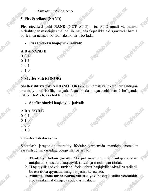 va sxemalarni soddalashtirish usullari (masalan, karno xaritasi) orqali amalga oshiriladi. · dizyunksiya, konyunksiya, teng qiymatlilik, pirs strelkasi (nand), va sheffer shtrixi (nor) kabi mantiqiy amallarni to‘g‘ri qo‘llash va sintez qilish, kompleks elektron sxemalarni yaratishda muhimdir. · · 2-variant · · 1. yarimo‘tkazgichli diodlar va ularning turlari. · kalit so‘zlar: p-n o’tish, kontakt xodisasi, to’gti ulash, teskari ulash, shartli belgilanishi, vax, javob; arimo‘tkazgichli diodlar va ularning turlari kalit so‘zlar: p-n o‘tish, kontakt xodisasi, to‘g‘ri ulash, teskari ulash, shartli belgilanishi, vax yarimo‘tkazgichli diodlar — bu yarimo‘tkazgich materiallardan tashkil topgan va ikki turdagi yarimo‘tkazgichni (p-tip va n-tip) birlashtirgan elektron qurilmalardir. bu qurilmaning asosiy vazifasi elektr toki o‘tkazish va elektron oqimini yo‘naltirishni boshqarishdir. diodlar ko‘plab elektron qurilmalarda, masalan, to‘g‘rilovchi qurilmalarda, impulsni kamaytirishda, signalni modulatsiyalashda va boshqa sohalarda ishlatiladi. 1. yarimo‘tkazgichli diodlar: umumiy tushuncha yarimo‘tkazgichli diodlar odatda p-n o‘tkazgich o‘tmishni o‘rnatish orqali yaratiladi. p-tip (musbat) va n-tip (manfiy) yarimo‘tkazgichlar o‘rtasida p-n o‘tish hosil bo‘ladi. bu …