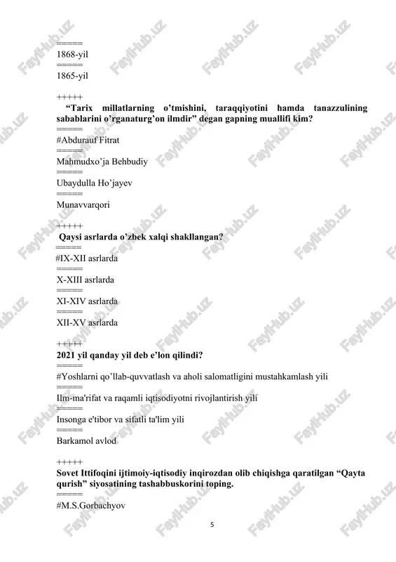d etish kuni” sifatida nishonlanadi? ===== #31 avgust ===== 12 may ===== 9 may ===== 12 oktyabr +++++ 2024-yil holatida o‘zbekistonda nechta partiya faoliyat ko’rsatmoqda? ===== #5 ta ===== 6 ta ===== 7 ta ===== 4 ta +++++ o’zbekiston respublikasida qonun chiqaruvchi organ bu… ===== #oliy majlis ===== vazirlar mahkamasi ===== prokuratura ===== konstitutsiyaviy sud +++++ qachon prezident farmoni bilan sug‘urta tashkilotlarining 3 yil muddatga daromad solig‘idan ozod qilindi? ===== #2002-yil; ===== 2017-yil; ===== 1991-yil; ===== 2022-yil; +++++ “mulkni davlat tasarrufidan chiqarish va xususiylashtirish to‘g‘risida”gi qonun qachon qabul qilingan? ===== #1991-yil 18-noyabr ===== 1993-yil 10-noyabr ===== 1998-yil 30-dekabr ===== 1999-yil 1-aprel +++++ o’zbekiston respublikasining davlat gerbi qachon ta’sis etilgan? ===== #1992 yil 2 iyul ===== 1991 18 noyabr ===== 1992 yil 2 avgust ===== 1993 yil 1 noyabr +++++ 2012-yilda respublikada qancha tonna g’alla yetishtirildi? ===== #7,5 mln ===== 5 mln ===== 6,5 mln ===== 11 mln +++++ o’zbekisrtonda qaysi …