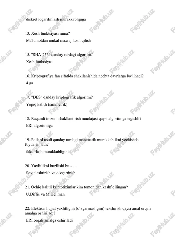 oslangan algoritm keltirilgan qatorni ko‘rsating?  rsa 2. ochiq kalitli kriptotizimlar qanday turdagi matematik murakkablikka asoslangan algoritmlarga bo‘linadi?  faktorizatsiyalash va diskret logarifmlash algoritmlariga 6. xor amali qanday amal?  2 modul bo‘yicha qo‘shish 8. 29 mod 26 = ?  3 9. gost r 34.10-94 standarti qaysi davlat standarti hisoblanadi?  rossiya10. kriptografiyada kalitning vazifasi nima?  matnni shifrlash va shifrini ochish uchun kerakli axborot 11. ochiq kalitli rsa shifrlash algoritmi bardoshliligi qanday matematik muammo turiga asoslangan?  faktorlash murakkabligiga 12. quyidagi modulli ifodani qiymatini toping. (125*45)mod10.  5 14. o‘zbekistonda masofadan elektron raqamli imzo olish uchun qaysi internet manzilga murojaat qilinadi?  e-imzo.uz 15. rsa algoritmida p=3, q=11, e=3 bo‘lganda maxfiy kalitni qiymati topilsin: e*d=1 mod 𝜑(n)?  7 16. xesh funktsiyasi nima?  ma'lumotdan unikal maxraj hosil qilish 18. kriptografiyada "saldirlik" (attack) nima?  shifrlangan ma'lumotni buzishga urinish19. assimmetrik kriptotizimlar qanday maqsadlarda ishlatiladi?  shifrlash, deshifrlash, eri …