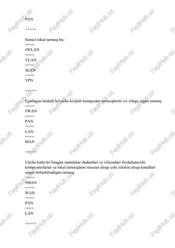 ysi pog'onasida ishlaydi? ==== #tarmoq ==== kanal ==== fizik ==== transport +++++ l2 kommutatori osi modelining qaysi pog'onasida ishlaydi? ==== #kanal ==== fizik ==== transport ==== tarmoq +++++ hub osi modelining qaysi pog'onasida ishlaydi? ==== #fizik ==== transport ==== tarmoq ==== kanal +++++ ieee 802.11 standarti ==== #wi-fi ==== wimax ==== bluetooth ==== ethernet +++++ ieee 802.15 standarti ==== #bluetooth ==== ethernet ==== wi-fi ==== wimax +++++ lokal tarmoq? ==== #lan ==== man ==== wan ==== pan +++++ global tarmoq? ==== #wan ==== pan ==== lan ==== man +++++ mintaqaviy tarmoq? ==== #man ==== wan ==== pan ==== lan +++++ qoidalar va marshrutlash jadvallari asosida turli xil tarmoq segmentlari o'rtasida paketlarni uzatuvchi ixtisoslashgan qurilma ==== #router ==== switch ==== hub ==== bridge +++++ kompyuter tarmog'ining segmentlarini (tarmoq osti) bitta tarmoqqa birlashtirishga mo'ljallangan osi modelining ikkinchi darajali tarmoq qurilmasi. ==== #bridge ==== router ==== switch ==== hub +++++ bir yoki bir …