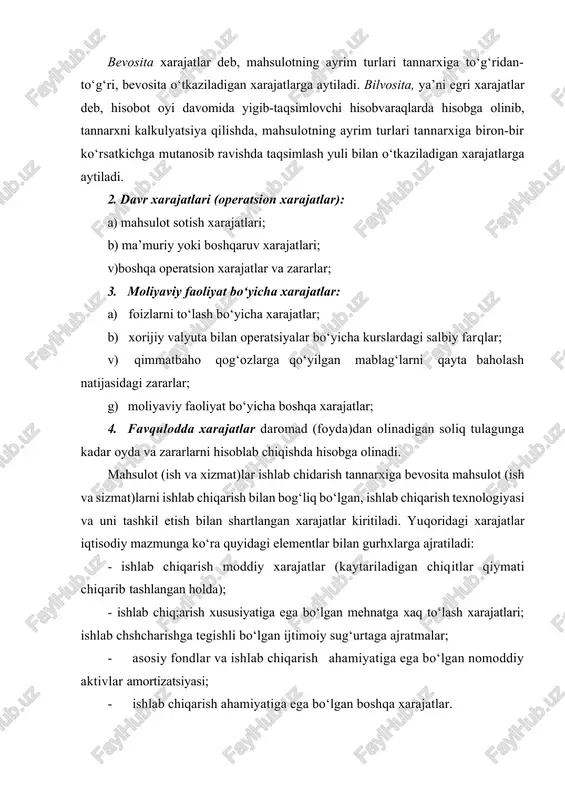 chiqarishni boshqarish va unga xizmat ko‘rsatish xarajatlari tarkibiga kiritiladi. 2510-«umumishlab chiqarish xarajatlari» hisobvarag‘i korxonaning asosiy yordamchi ishlab chiqarishlariga xizmat ko‘rsatish bo‘yicha xarajatlari to‘g‘risidz. ma’lumotlarni umumlashtirish uchun tayinlangan. 2610-«ishlab chiqarishdagi yaroksiz mahsulot» hisobvarag‘i ishlab chiqarishda braklar ko‘rilgan zararlar to‘g‘risidagi axborotni umumlashtirish uchun tayinlangan. 2710-«xizmat ko‘rsatuvchi xo‘jaliklar» hisobvarag‘ida korxonaning xizmat. ko‘rsatuvchi xo‘jaliklari tomonidan mahsulot ishlab chiqarish, ishlar bajarish va xizma: ko‘rsatish bilan bog‘liq xarajatlar hisobi amalga oshiriladi. 3110-«kelgusi davr xarajatlari» hisobvarag‘i mazkur hisobot davrida qilingan ammo kelgusi hisobot davriga tegishli bo‘lgan xarajatlar to‘g‘risidagi axborogz umumlashtirish uchun tayinlangan. ushbu hisobvaraq tarkibiga quyidagilar kiradi: telefon uchun oldindan tulangan abonent to‘lovi, ijara to‘lovi, ro‘znoma va oynomalarga obuna qiymati va boshqala hisobvaraq aktiv bulib iqtisodiy tarafdan xo‘jalik jarayonining holatini ko‘rsatadi. shu davrning o‘zida tannarxni boshqarish qismining ishlab chiqarish ehtiyoji kelgan davr xarajatlari hamda to‘lovlari uchun rezerv mablag‘larini tashkil etilishini talab etadi. shuning uchun yana bir 8910-«kelgusidagi xarajatlari va to‘lovlar rezervlari g‘isobvarag‘i kerakdir. ushbu hisobvaraq ishlab chiqarish …