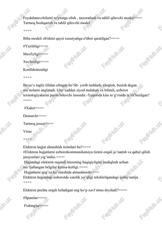 n axborotga aylantirish jarayoni.==== ma’lumot boshqa formatga o‘zgartiriladi, biroq uni faqat maxsus shaxslar qayta o‘zgartirishi mumkin bo‘ladi==== ma’lumot boshqa formatga o‘zgartiriladi, barcha shaxslar kalit yordamida qayta o‘zgartirishi mumkin bo‘ladi==== maxfiy xabarni soxta xabar ichiga berkitish orqali aloqani yashirish hisoblanadi ++++ tahdid nima?==== #tizim yoki tashkilotga zarar yetkazishi mumkin bo‘lgan istalmagan hodisa.==== tashkilot uchun qadrli bo‘lgan ixtiyoriy narsa==== bu riskni o‘zgartiradigan harakatlar bo‘lib==== bu noaniqlikning maqsadlarga ta’siri ++++ tashkilot va korxonalarda axborot xavfsizligini boshqarish tizimini joriy qilish uchun quyidagilarni qaysi birini amalga oshirishi kerak?==== #axborot xavfsizligi xatarlarini boshqarishda rahbariyatning tegishli harakatlari, aktivlar, majburiyatlar va afzalliklar belgilangan xatarlarni qayta ishlash rejasini ishlab chiqish ==== boshqarishning maqsad va vositalarini, shuningdek, ularni tanlash sabablarini asoslash==== axborot xavfsizligi xavf-xatarlarga yo‘l qo‘ymaslik==== boshqarish vositalarining shu vaqtdagi xavfsizlik buzilishining holatlari yuzaga kelish ehtimolini baholash ++++ +