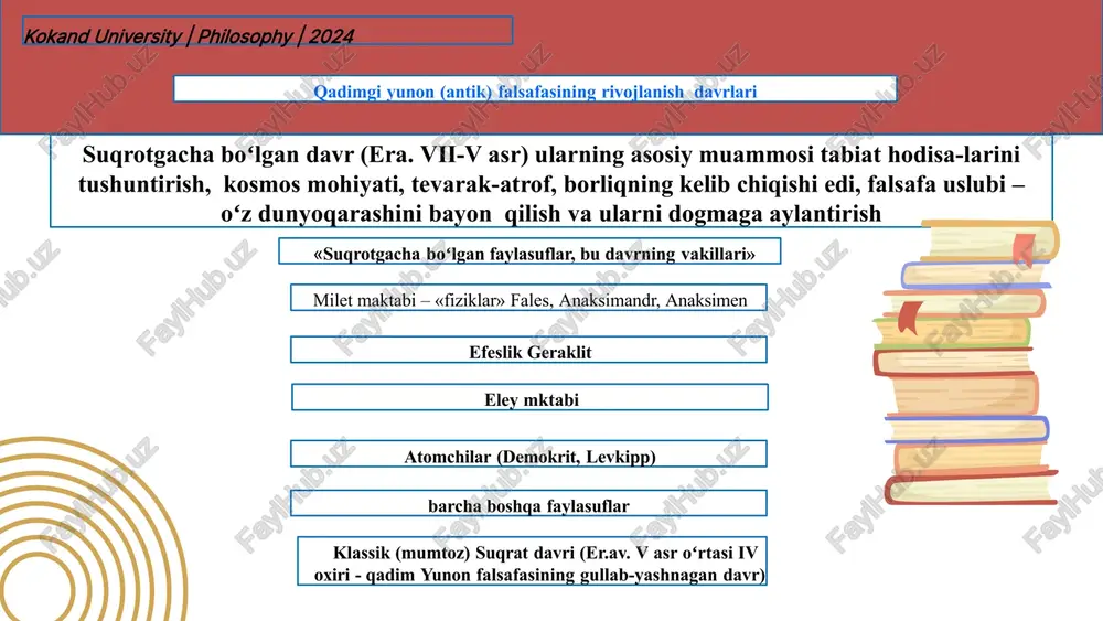 rakat bilimsizlik mahsuli sanaladi. ijtimoiy qarashlar- sokrat 02 kokand university | philosophy | 2024 32 suqrot (miloddan avvalgi 469-399 y). sofistikaga aloqador faylasuflardan biri. xususiyatlari suqrot faoliyatining tarixiy ahamiyati suqrot yirik falsafiy asarlarni yaratmagan boʻlsada, tarixga buyuk kolemist, (bahsga chorlovchi) donishmand, faylasuf-pedagog sifatida nom qoldirgan. bilimni tarqatishga, fuqarolarning ma'rifatli boʻlishga xayrihoh boʻlgan; suqrot yaratgan va qoʻllagan asosiy metod «mayevtika» nomini oldi. uning mohiyati shundaki, mantiqiy usullar, qarshi savollar yordamida suhbatdoshni haqiqatni mustaqil topishga yoʻnaltirish. insoniyatning azaliy muammolari yaxshilik va yomonlik, muhabbat, halollik va shu kabilarga javob izlagan; suqrot oʻz falsafasini va ma'rifiy ishlarini maydonlarda xalq orasida ochiq muloqot tarzida olib borgan dialog mavzulari oʻz davrining dolzarb muammolari hatto hozirgi kunda ham ahamiyatini yoʻqotmagan, yaxshilik; yomonlik; muhabbat; baxt; halollik va shu kabilar boʻlgan. hozirgi zamonda keng qoʻllaniladigan «mayevtika» metodini yaratgan; haqiqatga erishishning dialektik metodini yaratdi-uni erkin bahsda egallash mumkinligini isbotlagan; oʻz ishining davomchilari shogirdlarini tarbiyaladi (masalan, platon) qator «suqrot maktablari» boshida …