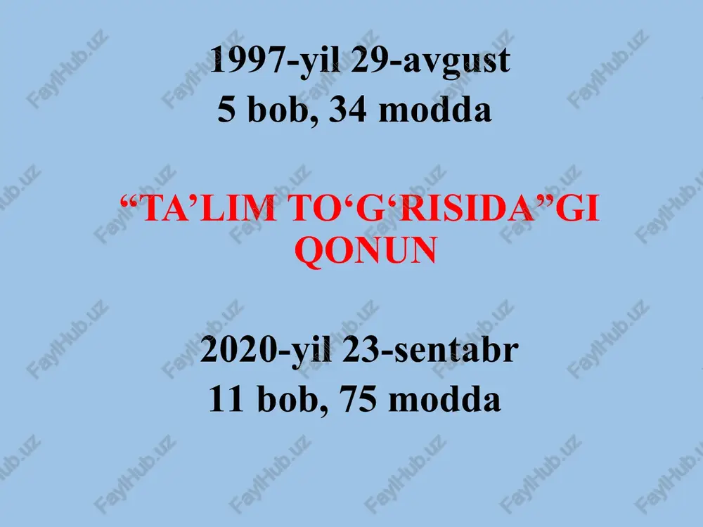 da ta’lim muassasalarida ilm olishda teng huquqlilikni ta’minlashdir”. 20-modda. inklyuziv ta’lim inklyuziv ta’lim alohida ta’lim ehtiyojlari va individual imkoniyatlarning xilma-xilligini hisobga olgan holda barcha ta’lim oluvchilar uchun ta’lim tashkilotlarida ta’lim olishga bo‘lgan teng imkoniyatlarni ta’minlashga qaratilgan. jismoniy, aqliy, sensor (sezgi) yoki ruhiy nuqsonlari bo‘lgan bolalar (shaxslar) uchun ta’lim tashkilotlarida inklyuziv ta’lim tashkil etiladi.inklyuziv ta’limni tashkil etish tartibi o‘zbekiston respublikasi vazirlar mahkamasi tomonidan belgilanadi. 2-bob. 21-modda: eksternat tartibidagi ta’lim eksternat tartibidagi ta’lim olish o’quv dasturlarini mustaqil ravishda o’zlashtirish, uning yakunlari bo’yicha ta’lim oluvchilardan dtmuass. yakuniy va davlat attestatsiyalaridan o’tishni talab etadi. uni tashkil etish tartibi o‘zbekiston respublikasi vazirlar mahkamasi tomonidan belgilanadi. 3-bob. 24-modda: o’zbekiston respublikasi vazirlar mahkamasi huzuridagi ta’lim sifatini nazorat qilish davlat inspeksiyasining ta’lim sohasidagi vakolatlari 3-bob. 25-modda: o’zbekiston respublikasi vazirlar mahkamasi huzuridagi prezident, ijod va ixtisoslashtirilgan maktablarni rivojlantirish agentlagining ta’lim sohasidagi vakolatlari 4-bob. 31-modda: nodavlat ta’lim tashkilotlari nodavlat ta’lim tashkilotlari o‘z faoliyatini litsenziya asosida amalga oshiradi. nodavlat ta’lim tashkilotlari …