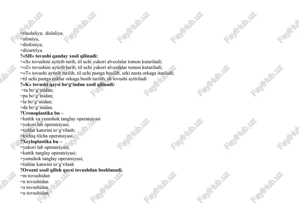 htiradi, jismoniy ishchanlikni oshiradi. ?musiqa psixoterapiyaga xos bo‘lgan qatorni aniqlang? =psixoemotsional holatni normallashtirishni vazifalarni amalga oshiradi. =kuylash ( ruhiy- emotsional holatning korreksiyasi, davolash sog'lomlashtiruvchi ta'sir) pastki diafragmal nafas olish asoslariga o‘rgatish. =musiqa asboblarida o‘ynash =raqsterapiya, korreksion ritmika, ruhiy gimnastika ?p.ranshburg o‘qishda kamchiligi bo‘lgan bolalarda qanday xususiyatlarining mavjudligini ta’kidlaydi? =idrok maydonining torligi, so‘zlarni ko‘rish jarayonining sekinlashganligi lug’at boyligining kambag’alligi, =fonematik idrok rivojlanmaganligi nutning grammatik komponentidagi qo‘pol buzilishlar, = talaffuz kamchiliklari motor buzilishlar, = ko‘ruv idrokining rivojlanmaganligi ?o‘qishning texnik tomoniga xos bo‘lmagan javobni belgilang. =o‘qilgan matnni tushunish =bo‘g’in va so‘zlarni tushunib talaffuz qilish =visual tasvirning ovozli shakl bilan muvofiqlashtirish =harflarni tanib olish ?yozma nutq buzilishlarini korreksiyalashning qaysi usulida, bolaga predmet rasmi va uning so‘z sxemasi beriladi, bola esa uni nomlashi va ishtirok etgan har bir tovushni aytishi kerak bo‘ladi? =“so‘z modeli” =“ebbingauz usuli” =“yozuv treningi” ="tovush usuli " ?normal rivojlanayotgan bola lug‘atida 3 yoshga kelib nechta so‘z mavjud bo ‘ladi? =1000- 1200 …