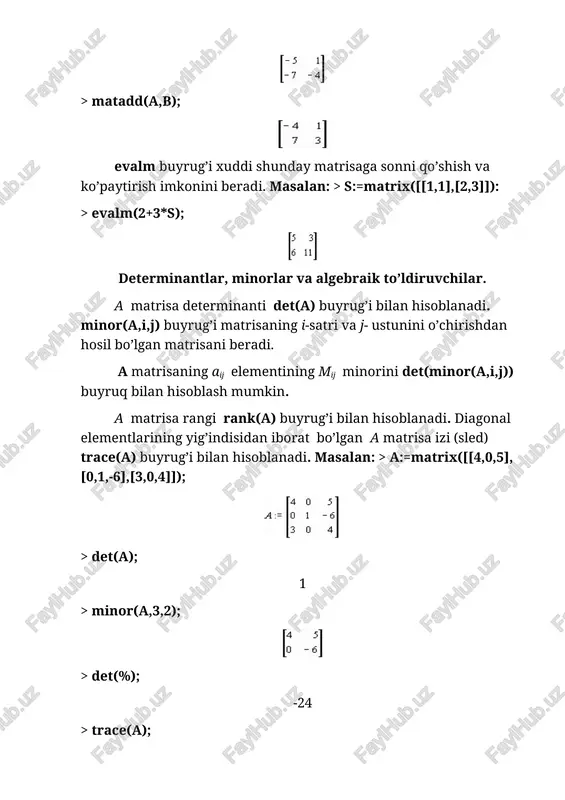 eyin esa ta’minlash buyrug’i assign( name) bajariladi. shundan keyin yechimlar ustida arifmetik amallarni bajarish mumkin. masalan: > s:=solve({a*x-y=1,5*x+a*y=1},{x,y}); > assign(s); simplify(x-y); tenglamalarning sonli yechimini topish. agar transsentdent tenglamalar analitik yechimga ega bo’lmasa, u holda tenglamaning sonli yechimini topish uchun maxsus buyruq fsolve(eq,x) dan foydalaniladi, bu yerda ham parametrlar solve buyrug’i kabi ko’rinishda bo’ladi. masalan: > x:=fsolve(cos(x)=x,x); x:=.7390851332 rekurrent va funksional tenglamalarni yechish. rsolve(t,f) buyrug’i yordamida f butun funksiya uchun t rekurrent tenglamani yechish mumkin. f(n) funksiya uchun ba’zi bir boshlang’ich shartlarni berish mumkin, u holda berilgan rekurrent tenglamaning xususiy yechimi hosil bo’ladi. masalan: > t:=2*f(n)=3*f(n-1)-f(n-2); > rsolve({eq,f(1)=0,f(2)=1},f); universal buyruq solve funksional tenglamalarni yechish imkonini ham beradi, masalan: > f:=solve(f(x)^2-3*f(x)+2*x,f); f:= proc(x) rootof(_z^2 - 3*_z + 2*x) end natijada oshkor bo’lmagan ko’rinishdagi yechim paydo bo’ladi. lekin maple muhitida bunday yechimlar ustida ishlash imkoni ham mavjud. funksional tenglamalarning oshkor bo’lmagan yechimlarini convert buyrug’i yordamida biror elementar funksiyaga almashtirib olish mumkin. yuqorida keltirilgan …