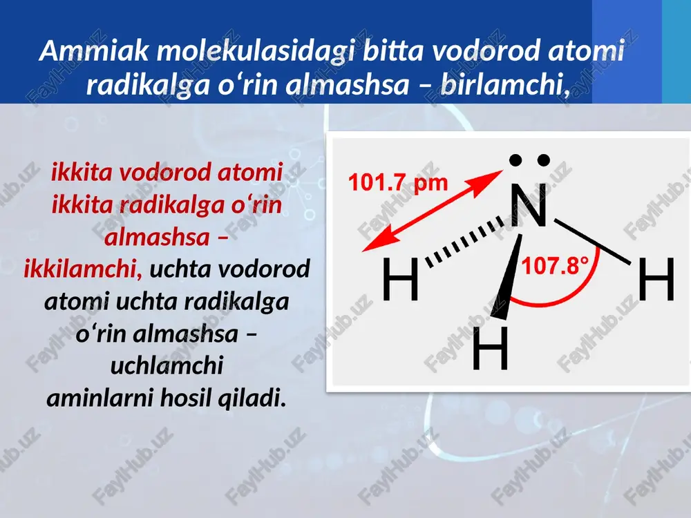 n birikmalar tarkibiga kirishi mumkin. masalan, ornitin va sitrullin arginin proteinogen aminokislotasi hosil bo`lishida oraliq mahsulot hisoblanadi va siydikchil sintezida ishtirok etadi; gamma-aminomoy kislota ham erkin holda uchraydi va nerv impulslarining o`tkazilishida mediator vazifasini o`taydi; beta-alanin esa vitamin-pantotenat kislotaning tarkibiga kiradi. foydalanilgan adabiyotlar 1. z.sobirov «organik kimyo». toshkent. aloqachi. 2005. 2. organik sintezdan praktikum. toshkent. “o‘qituvchi”. 1979. 3. a.abdusamatov. organik kimyo. toshkent. “talqin”. 2005. 4. o.s.sodiqov, o.y.yo‘ldashev. organik kimyo. toshkent. 1971. image2.jpg image3.jpeg image4.png image5.png image6.jpeg image7.png image8.png image9.jpeg image10.jpeg image11.jpeg image12.png image13.png image14.png image15.jpeg image16.png image17.jpeg image18.jpeg image19.jpeg image20.jpeg image21.png image22.jpeg image23.png image24.png image25.jpeg image26.wmf image27.wmf image28.wmf image29.wmf image30.wmf image31.wmf image32.wmf image33.wmf oleobject3.bin image34.wmf image1.jpg s n 3 - s n 2 - s n - s o o n n h 2 s n 3 - s n - s n 2 - s o o n n h 2 s n 2 - s n 2 - …