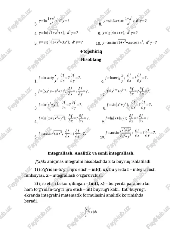 izlashga to’g’ri keladi. buni ikki usul bilan amalga oshirish mumkin: a) discont(f,x) buyrug’i yordamida, bu yerda f – uzluksizligi tekshirilayotgan funksiya, x – o’zgaruvchi. bu buyruq birinchi va ikkinchi tipdagi uzilish nuqtalarini topish uchun qulaydir. b) singular(f,x), buyrug’i yordamida, bu yerda f – uzluksizligi tekshirilayotgan funksiya, x – o’zgaruvchi. bu buyruq o’zgaruvchining haqiqiy hamda kompleks qiymatlari uchun ikkinchi tipdagi uzilish nuqtalarini topish uchun qulaydir. ikkala buyruq ham natijani figurali qavslarda uzilish nuqtalarini ketma-ketligi ko’rinishida ifodalaydi. yozuvning bunday turi set ga tengishli bo’ladi. olingan uzilish nuqtalarini keyinchalik ishlatish uchun convert buyrug’ida set turidan oddiy sonli turga o’tkazish kerak bo’ladi. misollar 1. funksiyaning uzilish nuqtalarini toping > readlib(iscont): readlib(discont): > iscont(exp(1/(x+3)),x=-infinity..+infinity); false bu ushbu funksiya uzluksizlik emasligini bildiradi. shuning uchun uzilish nuqtasini quyidagi buyruq orqali topish kerak bo’ladi: > discont(exp(1/(x+3)),x); {-3} 2. funksiyaning uzilish nuqtasini toping : > readlib(singular): > iscont(tan(x/(2-x)),x=-infinity..infinity); false > singular(tan(x/(2-x)),x); ekstremumlar. funksiyaning eng katta va eng kichik qiymatlari. …