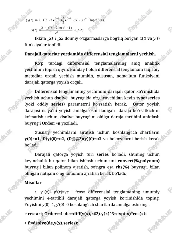 nday topiladi? 4. koshi masalasi qanday yechiladi? 5. differensial tenglamaning darajali qator ko’rinishida yechimini topish va grafigini chizish qanday bajariladi? 5. mapleda differensial tenglamalar tenglamalar sistemasining sonli yechimi qanday topiladi? 6. mapleda differensial tenglamalarni yechish uchun qaysi metodlardan foydalanish imkoni bor? image5.png oleobject13.bin image54.wmf oleobject14.bin image55.wmf oleobject15.bin image56.wmf oleobject16.bin image57.wmf oleobject17.bin image58.wmf oleobject18.bin image59.wmf oleobject19.bin image60.wmf oleobject20.bin image61.wmf oleobject21.bin image62.wmf oleobject22.bin image63.wmf image6.wmf oleobject23.bin image7.wmf image8.wmf image9.png image10.png image11.png image12.png image13.png image14.png image15.png image16.png image17.png image18.wmf image19.wmf image20.wmf image21.png image22.png image23.wmf image24.wmf image25.png image26.png image27.png image28.png image1.wmf image29.png image30.png image31.png image32.png image33.png image2.wmf image34.png image35.png image36.png image37.png image38.png image3.wmf image39.png image40.png image41.wmf oleobject1.bin image42.wmf oleobject2.bin image43.wmf image4.png oleobject3.bin image44.wmf oleobject4.bin image45.wmf oleobject5.bin image46.wmf oleobject6.bin image47.wmf oleobject7.bin image48.wmf oleobject8.bin image49.wmf oleobject9.bin image50.wmf oleobject10.bin image51.wmf oleobject11.bin image52.wmf oleobject12.bin image53.wmf ï ï î ï ï í ì - - = + = . 3 , 5 z y dx dz z y dx …