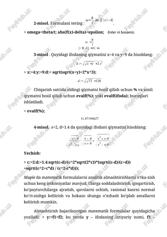 y – ifoda, var – o’zgaruvchi nomi. simplify buyrug’ida parametr sifatida qaysi ifodani almashtirish kerakligi ko’rsatiladi. masalan, simplify(y,trig) buyruqning bajarilishida katta sondagi trigonometrik munosabatlardan foydalanib soddalashtirishlar amalga oshiriladi. standart parametrlar quyidagicha nomlanadi: power – darajali almashtirishlash uchun; radical yoki sqrt – ildizlarni almashtirishlar uchun; exp –eksponentali almashtirish; ln – logarifmlarni almashtirish. parametrlardan foydalanish simplify buyrug’ini samarali ishlashini oshiradi. darajali funksiyalar ko’rsatkichlarini birlashtirish yoki trigonometrik funksiyalar darajasini pasaytirish combine(y,param) buyrug’i yordamida bajariladi, bu yerda y – ifoda, param – qanday turdagi funksiyaga almashtirish lozimligi ko’rsatuvchi parametr, masalan, trig – triglnometrik uchun, power – darajali uchun. masalan: > combine(4*sin(x)^3, trig); faqat kvadrat ildiz, balki boshqa ildizlarga ega bo’lgan ifodalarni sodalashtirish uchun radnormal(ifoda) buyrug’i ishlatiladi. masalan: >sqrt(3+sqrt(3)+(10+6*sqrt(3))^(1/3))=radnormal(sqrt(3+sqrt(3)+(10+6*sqrt(3))^(1/3))); convert(y, param) ;buyrug’i yordamida ifoda ko’rsatilgan turga almashtiriladi, bu yerda y – ifoda, param- ko’rsatilgan tur. umuman olganda, convert buyrug’idan juda keng miqyosda foydalanish mumkin. u bir turdagi ifodani boshqa turga o’tkazadi. agar barcha buyruqlarning imkoniyatlari …