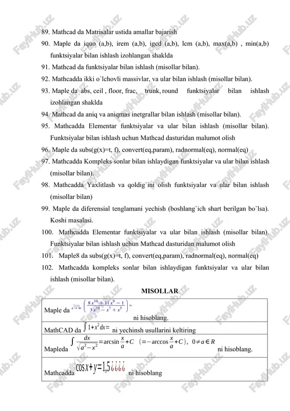 mathcad da 2x2+5=0 tenglamani yeching maple da tengsizliklarni yechish . tengsizlikni yechishni barcha usullarini izohlangan holda bajaring mathcad da e^(2*x) ni 2 – darajali hosilasini hisoblang maple da tengsizliklar sistemasini yechish . tengsizliklar sistemasini yechishni barcha usullarini izohlangan holda bajaring maple da berilgan tenglamalar sistemasini yeching. mathcad da sin(2*x) funktsiyasini –pi va pi oraliqda 1000 ta qiymatini chiqaring mathcad da tenglamalar sitemasini hisoblang maple da tenglamani hisoblang. maple da ni hisoblang. maple da ni toping maple da funktsiya hosilasi hisoblansin matcad da a(3x3) matritsalar berilgan uni 2-satrdagi elementlarini o`chiring. mapleda ni hisoblang. matcadda sinx*cosx dan integral oling. mapleda ni hisoblang maple da funktsiya differensiali hisoblansin maple da ni toping matcadda x^2*y^2 dan hosila oling maple da tenglamalar sitemasini hisoblang. maple da ni hisoblang. matcad da a(4x4) matritsa berilgan, 3 – satrini boshqa qiymatlar bilan almashtiring mapleda tenglamalar sitemasini hisoblang. mathcad da darajali ko`phad ko`rinishdagi tenglamani yechish va u bilan ishlash …