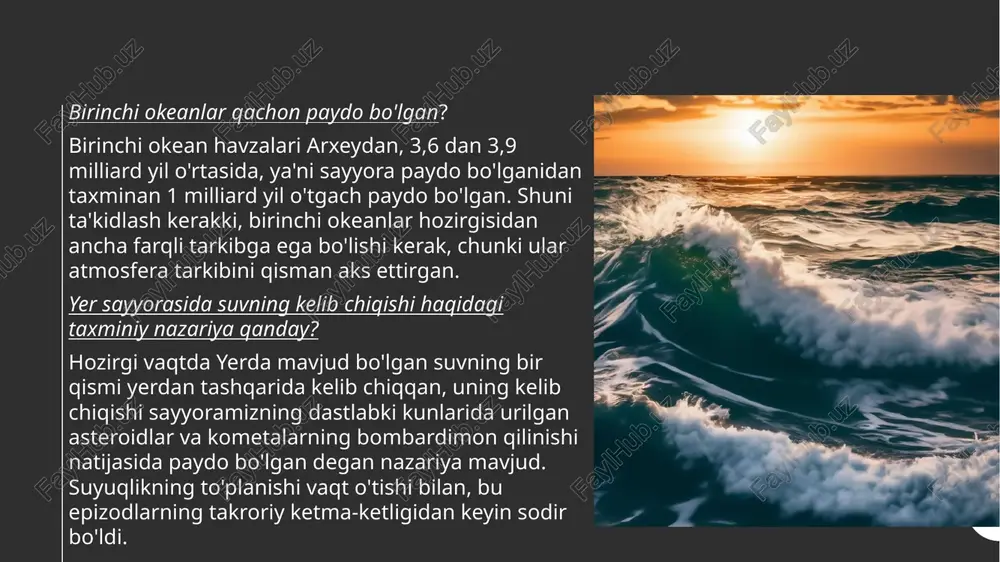 boʻlgan va parchatanishdan soʻng ham koʻpayish xususiyatini yoʻqotmaydigan agregatlar saqtanib qolgan. hayotning paydo boʻlishib.dagi biologik evolyutsiya davri. kootservatlarda ularni tashqi muhitdan ajratib turadigan parda — membrananing va reduplikatsiya mexanizmining paydo boʻlishi bilan moddalar almashinuvi va oʻz-oʻzidan koʻ-payish uchun qulay imkoniyat yaratildi. paydo boʻlgan bu sodda organizm probiont deb ataladi. probiontlarning paydo boʻlishi bilan hayot paydo boʻlishining biologik evolyutsiyasi boshlanadi. probiontlar geterotrof boʻlib, oziq moddalar sintezlamagan. ular birlamchi okean suvidagi organik birikmalarni oʻzlashtirgan. getero-trof probiontlarning hozirgi anaerob prokariotlarga oʻxshaganligi taxmin qilinadi. geterotrof organizmlar birlamchi okean suvidagi organik birikmalarni oʻzlashtirgan. geterot-rof organizmlarning koʻpayishi bilan birlamchi okean suvidagi organik moddalar kamayib borgan. ana shunday sharoitda anaerob probiontlarda atmosferadagi karbonat angidrid (s02) va azot (n1,) ni kimyoviy va quyosh nuri energiyasi yordamida oʻzlashtirish xususiyati paydo boʻlgan. ana shu tariqa xemosintez va fotosintez qiluvchi organizmlar kelib chiqqan. dastlabki fotosintetik organizmlar sianobakteriyalar — koʻk-yashil suvoʻtlar boʻlgan. sianobakteriyalarning bu xususiyati tufayli hozirgi ham atmosferadagi so va m2gazlari …