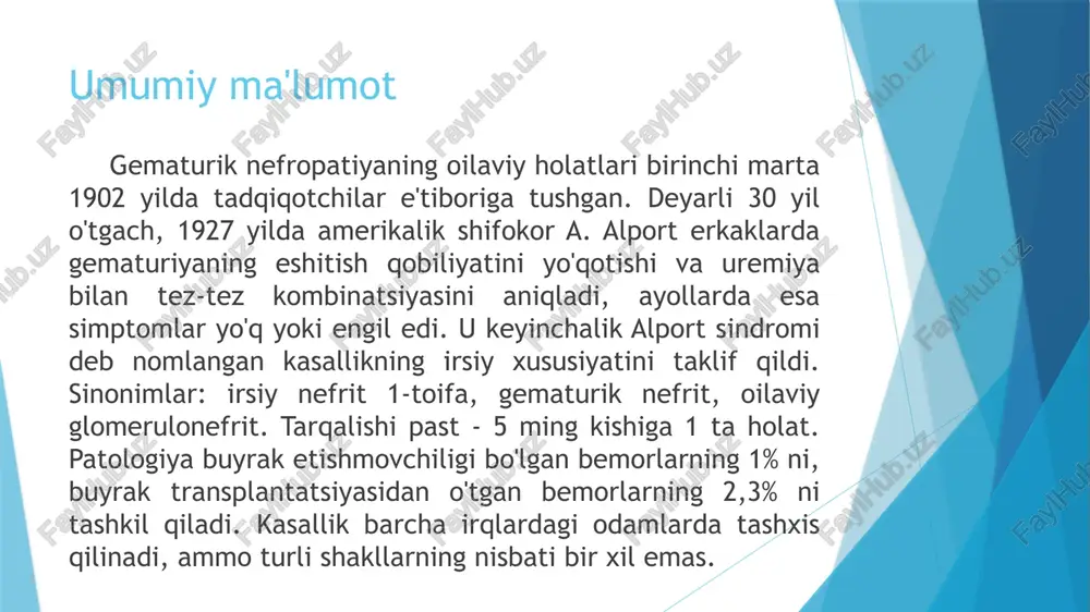 i tanglay, oyoq-qo'llarning struktura anomaliyalari, ko'zlar va nipellar orasidagi masofa. kasallikning dastlabki bosqichlarida arterial gipotenziya, keyingi bosqichlarda - arterial gipertenziya aniqlanadi. umumiy siydik tahlili. qizil qon hujayralari va ortib borayotgan protein miqdori aniqlanadi - gematuriya va proteinuriya belgilari. siydikdagi protein ko'rsatkichi sindromning og'irligi bilan bevosita bog'liq bo'lib, uning o'zgarishi patologiyaning rivojlanishini, nefrotik sindrom va surunkali buyrak etishmovchiligini baholaydi. abakterial leykotsituriya belgilari bo'lishi mumkin. buyrak biopsiyasi tekshiruvi. mikroskopiya yupqalashtirilgan bazal membranani, uning qatlamlarining bo'linishini va ajralishini ko'rsatadi. kechki bosqichda "asal qoliplari" bo'lgan qalinlashgan distrofik joylar va qatlamni to'liq yo'q qilish zonalari qayd etiladi. alport sindromini davolash maxsus terapiya yo'q. erta yoshdan boshlab proteinuriyani kamaytirish uchun faol simptomatik davolash amalga oshiriladi. bu buyrak kanalchalarining shikastlanishi va atrofiyasi va interstitsial fibroz rivojlanishining oldini olishga yordam beradi. angiotensinga aylantiruvchi ferment inhibitörleri va angiotensin ii retseptorlari blokerlari yordamida kasallikning rivojlanishini to'xtatish, glomerulosklerozning regressiyasiga erishish, buyraklardagi tubulointerstitial va qon tomir o'zgarishlarga erishish mumkin. oxirgi bosqich surunkali …