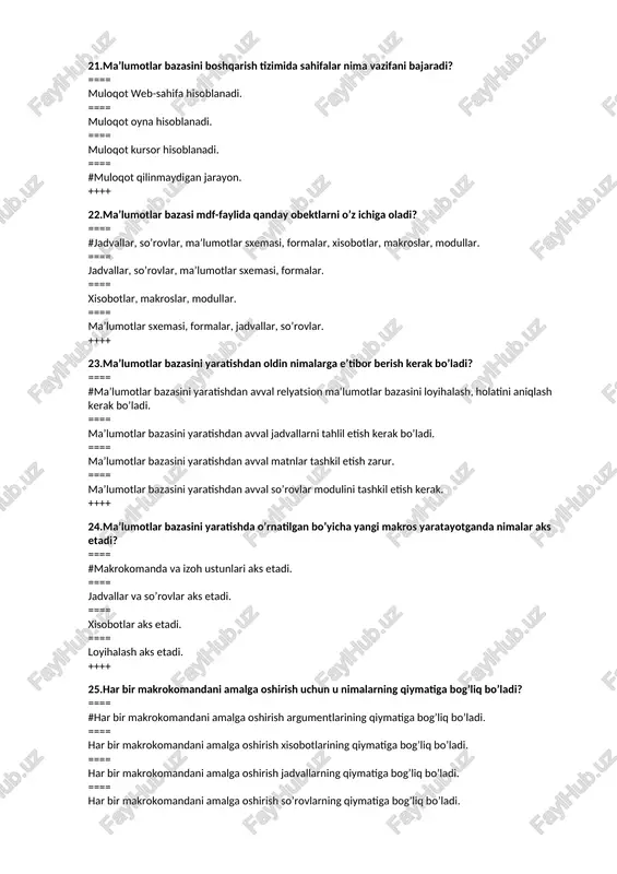 xshab ketadi. ==== makroslar oynasidagi jadval tarkibi, ma’lumotlar bazasining murakkab jadval tarkibiga o’xshab ketadi. ==== makroslar oynasidagi jadval tarkibi, ma’lumotlar bazasining sarlavhali jadval tarkibiga o’xshab ketadi. ==== makroslar oynasidagi jadval tarkibi, ma’lumotlar bazasining so’rov jadval tarkibiga o’xshab ketadi. ++++ 29.axborot ob’ektlarini ajratishdan keyin loyihalashning keyingi qadami nima bo’lib hisoblanadi? ==== #axborot ob’ektlarini ajratishdan keyin loyihalashning keyingi qadami ular orasidagi aloqani aniqlash bo’lib hisoblanadi. ==== axborot ob’ektlarini ajratishdan keyin loyihalashning keyingi qadami xisobot hisoblanadi. ==== axborot ob’ektlarini ajratishdan keyin loyihalashning keyingi qadami tekshirish hisoblanadi. ==== axborot ob’ektlarini ajratishdan keyin loyihalashning keyingi qadami dastur hisoblanadi. ++++ 30.sql tili qanday ma’lumotlar bazalarida ishlashga imkon beradigan til? ==== #relyatsion ma’lumotlar bazalarida ==== jadvalli ==== raqamli ==== sonli ++++ 31.sql ma’nosi qanday tilni bildiradi? ==== #sql ma’nosi tarkiblangan so’rovlar tilini anglatadi ==== jadvallar tili ==== standart til ==== dasturlash tili ++++ 32.interaktiv sql nima xosil qilish uchun ishlatiladi? ==== #sql ma’lumotlar bazasi o’zida faoliyat ko’rsatadi …