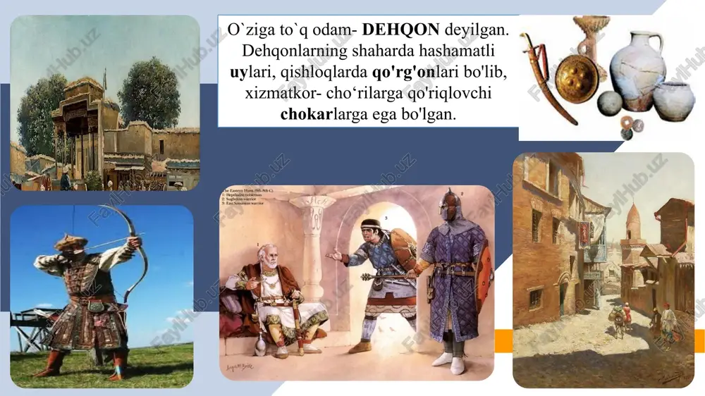 di. qur`oni karim - 651 yilda kitob shakliga keltiriladi. «usmon musxafi» nomi bilan yuritiladi. qur`oni karim tarixiy manbalar asosida aniqlangan bu nusxalar: 1. makka nusxasi: 2. damashq nusxasi; 3. basra nusxasi; 4. kufa nusxasi va madina umumiy nusxasi; 5. madina xos nus­xasi. 6. hazrat usmon nusxadir. qur`oni karim 1698 yilda lotin tiliga, 1770-1828 yillar orasida sakkiz marta farangiston tiliga, 1734-1826 yillarda o’n marta ingliz tiliga, 1946 yilda nemis tiliga, 1716- 1986 yillarda etti marta rus tiliga tarjima qilingan. qur`oni karim muqaddas qur'oni karim kitobi 114 suradan, 30 pora (qism) dan iborat. 750 marta «ilm» so`zi takrorlanadi. qur'on nafaqat falsafiy, huquqiy yozma yodg`orlik bo’lib qolmay, balki unda axloq-odob, ota-ona va qarindosh-urug’larga xurmat, halollik poklik to’grilik etim-esir, kambag’al miskinlarga muruvvat, birovning haqini emaslik omonatga xiyonat qilmaslik do’stlik birodarlik kabi juda ko`p g`oyalar o`zining mujassam ifodasini topgan. movarounnahr, xuroson va eronda italiyaga qaraganda oldinroq (ix-xii asrlar) ulkan madaniy ko`tarilish yuz bergan. bu davr …