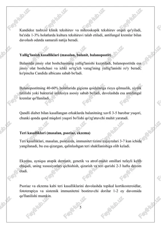 ajralmalarni mikroskopik tekshirish orqali gonoreya kabi infektsiyalarni aniqlash mumkin, bunda gram bo'yalishi bakteriyalarni aniqlaydi va qo'shimcha ma'lumot beradi. siydik tahlili va siydikni ekish uretrit va boshqa infektsiyalarni tashxislashda yordam beradi, ayniqsa, 10^5 cfu/ml dan yuqori bakteriyalar miqdori infektsiyani ko'rsatishi mumkin. sistoskopiya - bu uretrani bevosita vizualizatsiya qilish uchun ishlatiladigan minimal invaziv usul bo'lib, u strikturalarni, o'smalarni va boshqa anormalliklarni aniqlashga yordam beradi. davolash usullari va profilaktika davolash usullari antibiotiklar (masalan, doksisiklin 100mg) yoki antifungal kremlar (masalan, klotrimazol 1%) yordamida infektsiyani yo'q qilishga qaratilgan, ayniqsa 7-14 kun davomida qat'iy rioya qilish kerak. profilaktika uchun jinsiy aloqada prezervativlardan foydalanish, shaxsiy gigiyenaga rioya qilish va qattiq jinsiy aloqadan saqlanish muhim, shuningdek, har yili tibbiy ko'rikdan o'tish tavsiya etiladi. fimozni davolashda kortikosteroid kremlari 4-6 hafta davomida qo'llanilishi mumkin; jiddiy holatlarda esa, sunnat qilish (sirkumzision) operatsiyasi zarur bo'lishi mumkin. xulosa erkaklardagi jinsiy olat va siydik yo'llari kasalliklari turli xil bo'lib, erta tashxis qo'yish va davolash …