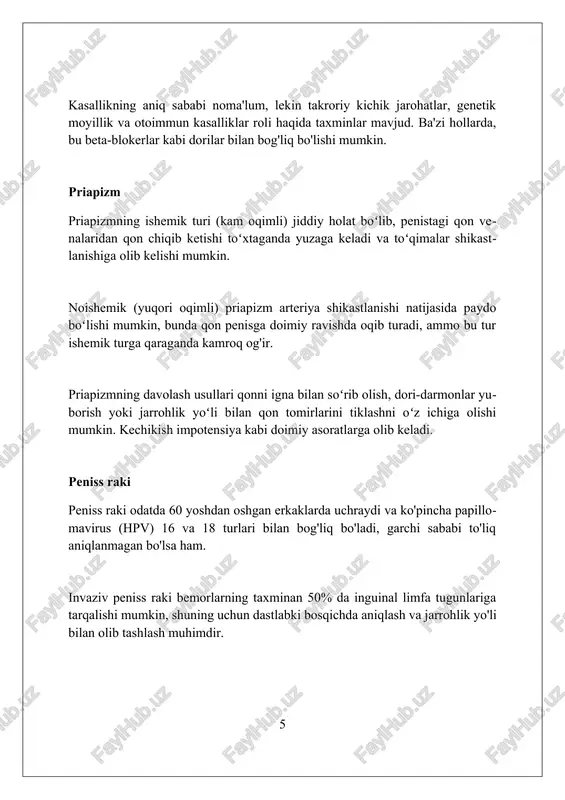 sh uchun yuqori sezuvchanlikka ega usuldir. davolash usullari antibiotiklar infeksiyalarni davolashda muhim, masalan, seftriakson gonoreya uchun yoki doksisiklin xlamidiya uchun, dozalari va davomiyligi infektsiyaning og'irligiga qarab belgilanadi. jarrohlik aralashuvi, masalan, sunnat qilish fimozni hal qiladi, ya'ni jinsiy olatning boshini qoplaydigan teri torayishi, bu esa gigiena va jinsiy aloqani qiyinlashtiradi. og'riqni yo'qotish uchun steroid bo'lmagan yallig'lanishga qarshi dorilar (nsaid) prostatitdagi noqulaylikni kamaytirishi mumkin, dozalari ibuprofen uchun 200-400 mg har 4-6 soatda o'zgarib turadi. xulosa erkaklarda jinsiy olat va siydik yo'llari kasalliklari turli xil bo'lib, tashxis qo'yish va davolashda ehtiyotkorlik talab etiladi, shuning uchun tibbiy yordam olish muhim. foydalanilgan adabiyotlar 1. erkaklar jinsiy olati va siydik yo'li kasalliklari. 2. erkaklarning jinsiy olati va siydik yo'li kasalliklari 3. erkaklarning jinsiy olati va siydik yo'li kasalliklari 4. erkaklarning jinsiy olati va siydik yo'li kasalliklari. 5. erkaklarning jinsiy olati va siydik yo'li kasalliklari 2