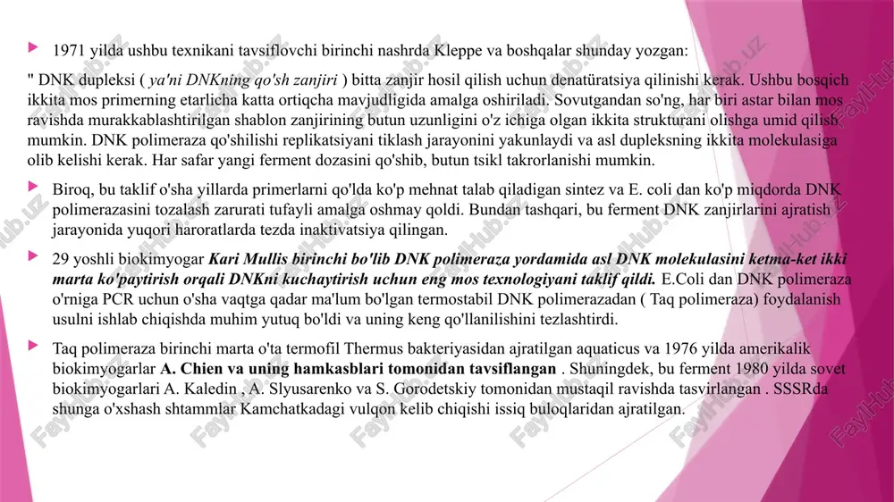 o'lishi kerak : bo'ling . primerlarning 3' uchlariga alohida e'tibor beriladi, chunki aynan ulardan taq polimeraza komplementar dnk zanjirini qurishni yakunlay boshlaydi. etarlicha o'ziga xoslik bo'lmasa, reaktsiya aralashmasida nonspesifik bog'lanish jarayonlari, reaktsiya komponentlarini asossiz iste'mol qilish va sezgirlikni yo'qotish sodir bo'ladi. primerlarni dnk zanjiriga bog'lash (tavlash) hududi primerni tanlash mezoni sifatida qabul qilingan mikroorganizmlarning tur o'ziga xosligi doirasidagi mutatsiyalar zonasida bo'lmasligi kerak . bunday hududga kirganda, primerning tavlanishi sodir bo'lmaydi va noto'g'ri salbiy natija ehtimoli ortadi. 3. taq polimeraza ( termostabil dnk polimeraza ). taq polimeraza escherichia dnk polimerazasining gomologidir coli bu ferment dnk polimeraza va 5'-3' ekzonukleaza faolligiga ega, bu uni pcr uchun ajralmas qiladi. c 832 ta aminokislota qoldig'idan iborat . hozirgi vaqtda taq polimerazadan tashqari, boshqa termofillardan, pyrococcus dan ajratilgan termostabil dnk polimerazalari qo'llaniladi. furiosus ( pfu polimeraza), pyrococcus woesei ( pwo polimeraza), termus termofil ( tth polimeraza) va boshqalar. deoksinukleotid trifosfatlar aralashmasi ( dntps ) . …