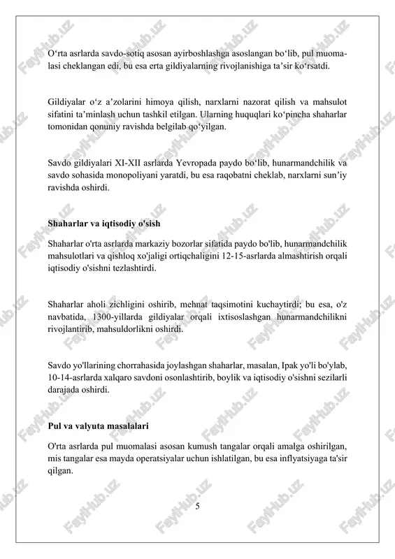 maqsadlarni belgilab bergan. xulosa, xususiy mulkni cheklash va umumiy manfaatlarni himoya qilish kabi g'oyalarni ilgari surgan. bu esa, iqtisodiy faoliyatni ma'naviy qadriyatlar bilan uyg'unlashtirishga qaratilgan. xulosa o'rta asrlar iqtisodiy qarashlari axloqiy me'yorlar va jamiyat manfaatlariga qaratilgan bo'lib, adolatli narxlar va foyda olishni cheklashga intilgan. foydalanilgan adabiyotlar 1. henri pirenne, "medieval cities: their origins and the revival of trade" (1925). 2. eileen power, "medieval people" (1924). 3. marc bloch, "feudal society" (1961). 4 2