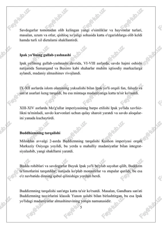 sa shuni koʻrsatadiki, ipak yoʻlining shakllanishi miloddan avvalgi ii asrda boshlangan boʻlib, siyosiy va iqtisodiy aloqalarning rivojlanishi bilan bogʻliqdir. savdo karvon yoʻllarining integratsiyasi ipak yoʻlining asosini yaratdi, bu esa markaziy osiyoning turli xalqlari oʻrtasida madaniy almashinuvga olib keldi. ipak yoʻlining faoliyati x-xv asrlarda eng yuqori choʻqqisiga chiqdi, bu davrda texnologiyalar va gʻoyalar tarqalishi tezlashdi. xulosa buyuk ipak yo'lining shakllanish tarixi madaniy va savdo aloqalarining rivojlanishiga katta ta'sir ko'rsatdi, mintaqalararo hamkorlik uchun zamin yaratdi. foydalanilgan adabiyotlar 1. xinru liu, the silk road in world history. oxford university press, 2010. 2. iaroslav lebedynsky, la route de la soie: quand l'occident découvrait l'orient. editions errance, 2006. 3. peter frankopan, the silk roads: a new history of the world 2