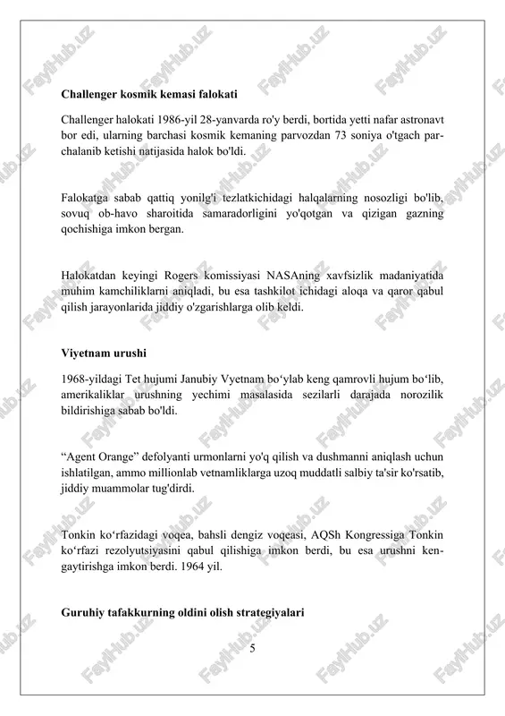 a, ijodkorlikning yo'qligiga va mustaqil fikrlashning bostirilishiga olib keladi, natijada jiddiy oqibatlarga olib kelishi mumkin. foydalanilgan adabiyotlar 1. janis, i. l. (1972). victims of groupthink: a psychological study of foreign-policy decisions and fiascoes. houghton mifflin. 2. janis, i. l. (1982). groupthink: psychological studies of policy decisions and fiascoes (2nd ed.). houghton mifflin. 3. aldag, r. j 2