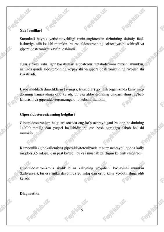 i ba'zilariga uzoq muddat davomida 1 yoki 2 ta antihipertenziv dori kerak bo'lishi mumkin. prognoz va kuzatuv davolashsiz prognoz yomon bo'lib, yurak-qon tomir kasalliklari, masalan, gipertoniya va insult xavfini oshiradi. o'z vaqtida aniqlash 5-yillik omon qolish darajasini sezilarli darajada yaxshilaydi. kuzatuv davomida qon bosimi, elektrolitlar (kaliy, natriy) darajasi va buyrak funksiyasi muntazam ravishda monitoring qilinadi. aldosteron antagonistlari dozasi titrlashni talab qilishi mumkin. prognoz aldosteron ishlab chiqaruvchi adenomani jarrohlik yo'li bilan olib tashlashdan keyin ancha yaxshilanadi, ko'plab bemorlarda gipertoniya bartaraf etiladi yoki dori-darmonlarga bo'lgan ehtiyoj kamayadi. xulosa giperaldosteronizmning oqibatlari jiddiy bo'lishi mumkin, jumladan qon bosimining oshishi, yurak va buyrak kasalliklari rivojlanishi xavfi ortishi. foydalanilgan adabiyotlar 1. gittes, g. k. (2009). aldosteronizm. pediatrics in review, 30(1), 5–16. 2. funder, j. w., carey, r. m., mantero, f., murad, m. h., reincke, m., shibata, h., ... stowasser, m. (2016) 2