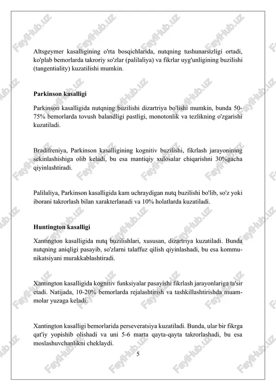 ngini o'lchash muhim, shuningdek, neyropsixologik testlar orqali kognitiv funktsiyalarni baholash kerak (misol uchun, mmse test 24 balldan past bo'lsa). farqlash uchun organik buzilishlar (miya shikastlanishi) va psixiatrik kasalliklar (bipolyar buzilish) o'rtasida qiyosiy tahlil o'tkazish, shuningdek, eeg tekshiruvidan foydalanish lozim. xulosa turli kasalliklardagi fikrlash va nutq buzilishlari kasallik diagnostikasi va monitoringida muhim ahamiyatga ega bo'lib, davolash strategiyalarini ishlab chiqishda yordam beradi. foydalanilgan adabiyotlar 1. atkinson, r. l., atkinson, r. s., smit, e. e., bem, d. j., nolen-xoeksema, s. (2000). psixologiya. hillgard nashriyoti. 2. andreasen, n. s. (1979). shizofreniya: diagnostika va tasniflash. amerika psixiatriya nashriyoti. 3. bleyler, e. (1950). shizofreniya psixik kasalliklar guruhi 2
