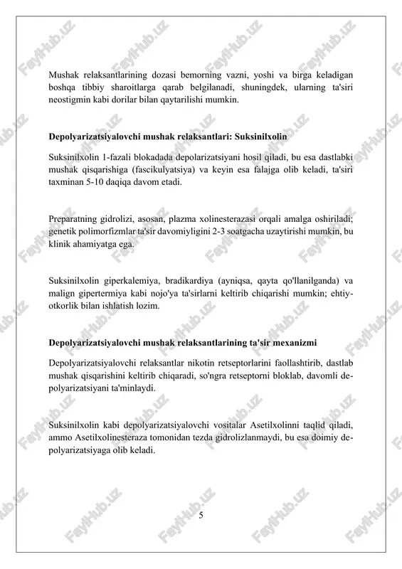 lari o'rtasidagi farqlar ganglion blokerlari har ikkala simpatik va parasimpatik ganglionlarda impulslarni bloklaydi, mushak relaksantlari esa faqat neuromusküler birikmada, nikotinik ach retseptorlari orqali ta'sir ko'rsatadi. ganglion blokerlarining ta'siri keng qamrovli, vegetativ asab tizimining ko'plab organlariga ta'sir etadi, mushak relaksantlari esa faqat skelet mushaklariga ta'sir qilib, falajlikka olib keladi. ganglion blokerlarining asosiy klinik qo'llanilishi gipertenziya krizisini nazorat qilish bo'lgan, mushak relaksantlari esa xirurgiya va mexanik ventilyatsiyada mushaklarning bo'shashishini ta'minlaydi. xulosa ganglion blokerlari va mushak relaksantlari kabi n-xolinergik dorilarning ta'siri vegetativ nerv tizimiga va skelet mushaklariga qaratilganligini xulosa qilish mumkin. ushbu dorilarning farmakologik xususiyatlari, masalan, ganglion blokadasi va nikotinik retseptorlarning blokadasi, klinik amaliyotda muhim ahamiyatga ega ekanligi aniqlandi. n-xolinergik dorilarning qo'llanilishi, shu jumladan, gipotenziv ta'sir va mushaklarning gevşetilmesi, ularning terapevtik qiymatini aniqlab beradi, ammo nojo'ya ta'sirlarni ham hisobga olish zarur. xulosa n-xolinergik preparatlar ganglioblokatorlar va mushak relaksantlari orqali ta'sir ko'rsatib, nerv-mushak o'tkazuvchanligini va avtonom funksiyalarni o'zgartiradi. foydalanilgan adabiyotlar 1. bowman, w. c. …