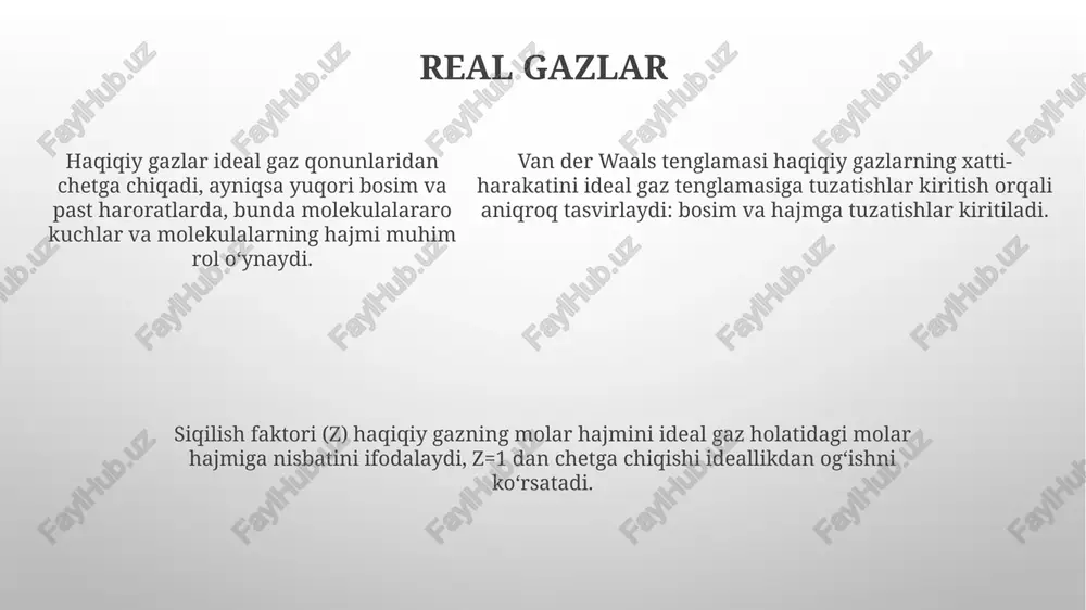 ammiak (nh3) sintezidagi haber-bosch jarayoni gaz kimyosining muhim qo'llanilishidir, bu jarayon orqali atmosfera azotidan (n2) qishloq xo'jaligi uchun zarur bo'lgan o'g'itlar olinadi. gaz kimyosi neftni qayta ishlashda muhim rol o'ynaydi, masalan, katalitik kreking va reforming jarayonlarida yuqori oktanli benzin ishlab chiqarish uchun c4-c12 uglevodorodlaridan foydalaniladi. gaz kimyosi chiqindi gazlaridan oltingugurt dioksidini (so2) olib tashlashda ishlatiladi, bu esa atrof-muhitni muhofaza qilish uchun juda muhimdir, chunki so2 kislotali yomg'irga sabab bo'ladi. e'tiboringiz uchun rahmat image1.png image2.png
