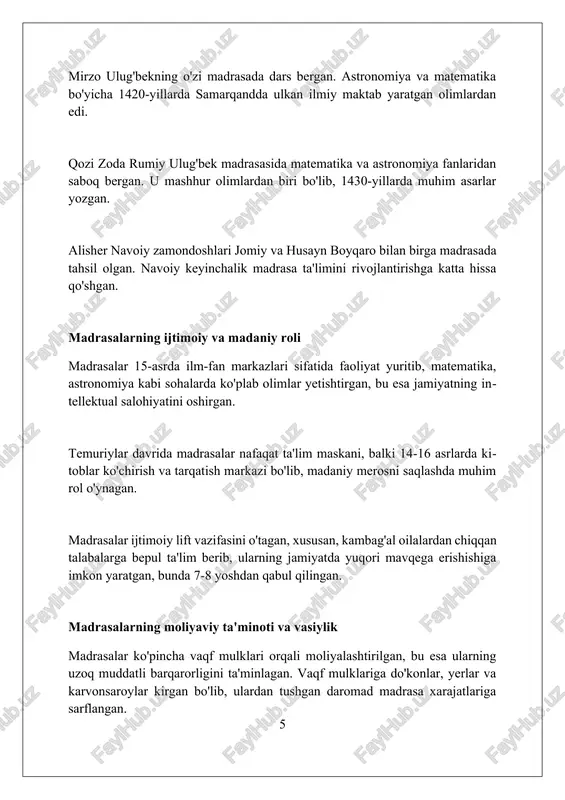 tilgan 14 ta fanning (masalan, fiqh, hadis, tafsir) jamiyat hayotiga qanday ta'sir etganini aniqlashi zarur. xulosa qilib aytganda, madrasalar ilm-fan maskani bo'lgan, ammo 16-asrda ularning roli kamaygan; keyingi tadqiqotlar sabablarini o'rganishi darkor. xulosa timuriylar davrida madrasa taʼlimi ilm-fan, madaniyat va sanʼatning rivojlanishiga katta hissa qoʻshdi, oʻz davrining yetuk olimlarini yetishtirib chiqardi. foydalanilgan adabiyotlar 1. bartold, v. v. turkiston: o'rta osiyo tarixi bo'yicha esselar. – toshkent: o'zbekiston, 2000. 2. sulaymonova, f. sharq miniatyura maktabi va uning vakillari. – toshkent: g'afur g'ulom nomidagi adabiyot va san'at nashriyoti, 1987. 3. xoni, m. a. javohir ul-axbor 2