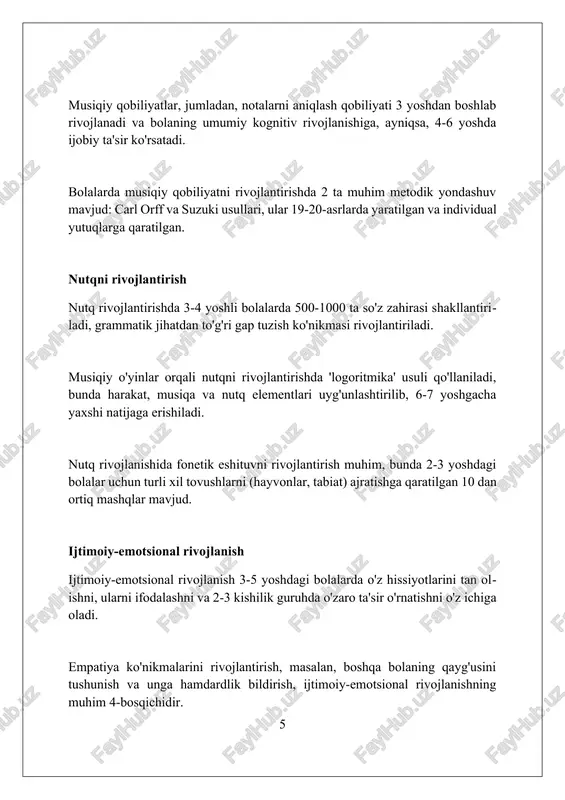 5-85% gacha ko’tarilishi mumkin, bu ayniqsa nutqida nuqsoni bor 4-5 yoshli bolalar uchun muhimdir. musiqiy o’yinlar 3 yoshdan 6 yoshgacha bo’lgan bolalarda kognitiv qobiliyatlarni, masalan, xotira va e’tiborni 40% ga yaxshilashga yordam beradi. tadqiqotlar shuni ko’rsatadiki, musiqa terapiyasi bilan birga o’tkazilgan o’yinlar 5 yoshli bolalarda stress darajasini 30% ga kamaytiradi. xulosa maktabgacha ta'lim tashkilotlarida musiqiy tuzatish o'yinlari bolalarning rivojlanishiga ijobiy ta'sir ko'rsatadi va ta'lim jarayonini yaxshilaydi. foydalanilgan adabiyotlar 1. musiqiy remedial o'yinlar maktabgacha ta'lim tashkilotlarida: johnson, a. (2010). "bolalar rivojlanishida musiqa va o'yinning roli". erta bolalik ta'limi jurnali, 38(2), 121-129. 2. musiqiy o'yinlar va maxsus ehtiyojli bolalar: smith, b., jones, c. (2015) 2