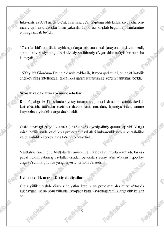 qarshi islohotning kuchayishiga sezilarli ta'sir ko'rsatdi. 16 va 17-asrlarda yangi diniy ordenlar, masalan, iezuitlar, ta'lim va missionerlik faoliyati orqali katolik ta'sirini kengaytirishda muhim rol o'ynadi. xulosa katolik cherkovi xvi–xvii asrlarda islohot, qarshi islohot va siyosiy oʻzgarishlar bilan kurashdi, taʼsirini saqlab qolishga harakat qildi. foydalanilgan adabiyotlar 1. baynton, roland x. mana men turibman: martin lyuterning hayoti. abingdon press, 1950. 2. dikkens, a.g. reforma va qarshi reforma. fontana press, 1979. 3. egli, olive. papa va qirollar: xvi-xvii asrlarda zamonaviy yevropaning shakllanishi. yale university press, 2003. 4 2