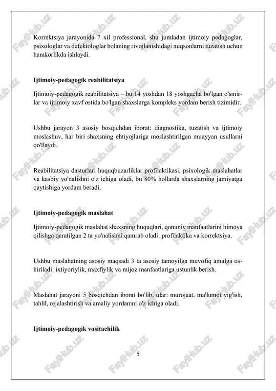 hgacha bo'lgan shaxslarga taalluqli. ushbu ekspertiza doirasida, mutaxassislar 3 asosiy mezon bo'yicha ishlaydi: bolaning rivojlanishi, xavfsizligi va qonuniy huquqlari, shu jumladan, o'zbekiston respublikasining konstitutsiyasi va boshqa qonun hujjatlari. xulosa ijtimoiy pedagogik faoliyat usullari shaxsni har tomonlama rivojlantirish, ijtimoiy moslashuv va tarbiyaviy maqsadlarga erishish uchun muhim vositadir. foydalanilgan adabiyotlar 1. ibragimov, a. a. ijtimoiy pedagogika: nazariya va amaliyot. toshkent: o‘qituvchi, 2010. 2. azizxo‘jayeva, n. n. pedagogik texnologiyalar va pedagogik mahorat. toshkent: tdpu, 2006. 3. tolipov, o‘. q., usmonboyeva, m. pedagogik texnologiyalar: nazariya va amaliyot. toshkent: fan, 2011. 4 2