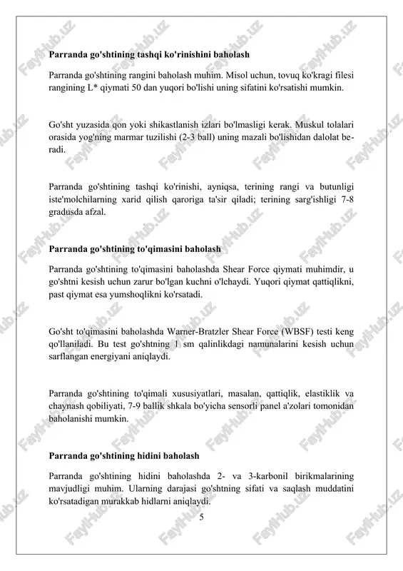 iradi. xulosa xulosa, hissiy baholash natijalarini jamlaydi, 1-darajali xulosa, sifatsiz deb topilgan mahsulotlarni aniqlaydi va kamchiliklarni bartaraf etish yo'llarini ko'rsatadi. yakuniy xulosa, organoleptik ko'rsatkichlarning o'rtacha ballini hisoblab, mahsulotning umumiy sifatini 5 ballik shkala bo'yicha baholaydi hamda standartlarga mosligini aniqlaydi. xulosada, tajriba davomida kuzatilgan tendensiyalar, masalan, 70% iste'molchi rangni yoqtirmasligi, ta'm sifati yaxshilanishi uchun takliflarni ishlab chiqishga yordam beradi. xulosa tuxum va parranda mahsulotlarining sensor baholash sifat, yangilik va iste'molchilar ehtiyojiga mosligini aniqlashda muhim rol o'ynaydi. foydalanilgan adabiyotlar 1. stadelman, w. j., pratt, d. e. (1989). egg science and technology (4th ed.). avi publishing company. 2. usda, agricultural marketing service. (2014). united states standards, grades, and weight classes for shell eggs. 3. heath, j. l. (1984) 2