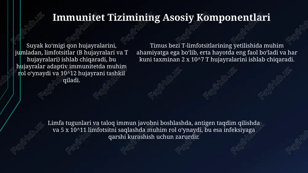 ektsiyalarga qarshi kurashish qobiliyatini zaiflashtiradi, 1° va 2° xillari mavjud. o'zbekistonda immun tanqisligi holatlari aniqlangan, bunda cd4+ t-limfotsitlar soni 200 hujayradan/mm3 kam bo'lishi diagnostik mezon hisoblanadi. o'zbekistonda immun tanqisligi holatlari aniqlangan, bunda cd4+ t-limfotsitlar soni 200 hujayradan/mm3 kam bo'lishi diagnostik mezon hisoblanadi. e'tiboringiz uchun rahmat