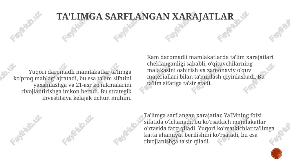 sizlikni keltirib chiqaradi, kam ta'minlangan oilalar farzandlarining maktabga qatnash darajasi 30% ga past bo'lib, ta'lim sifatiga ta'sir ko'rsatadi. ta'limning sifati va natijalari natijalarni baholash xalqaro imtihonlar (pisa, timss) orqali amalga oshiriladi; o'quvchilarning 80%i minimal darajaga erishishi talab etiladi, aks holda ta'lim sifati past hisoblanadi. ta'limning sifati, o'quvchilarning bilim darajasi (75%) va ko'nikmalari (25%) bilan o'lchanadi, shuningdek, ta'lim jarayonining samaradorligi (60%) ham hisobga olinadi. ta'limning samaradorligi (40%) o'quvchilarning jamiyatda faol ishtiroki (60%) va iqtisodiy rivojlanishga qo'shgan hissasi (20%) bilan o'lchanadi, minimal ko'rsatkich 50% bo'lishi kerak. ta'limda texnologiyalar o’qituvchilar real vaqt rejimida o’quvchilarning progressini kuzatish, 3d modellari va simulyatsiyalardan foydalanish hamda avtomatlashtirilgan testlar orqali baholashni tezlashtirishi mumkin. masofaviy ta’limda internet orqali 24/7 o’quv materiallariga kirish, virtual sinflarda darslarda qatnashish va o’qituvchilar bilan onlayn muloqotda bo’lish imkoniyati mavjud. ta’limning individualizatsiya jarayonida sun’iy intellektga asoslangan adaptiv dasturlar har bir o’quvchining o’zlashtirish tezligiga mos ravishda ta’limni rejalashtirishga yordam beradi. ta'limda globalizatsiya globallashuv o‘quvchilarga onlayn ta’lim …