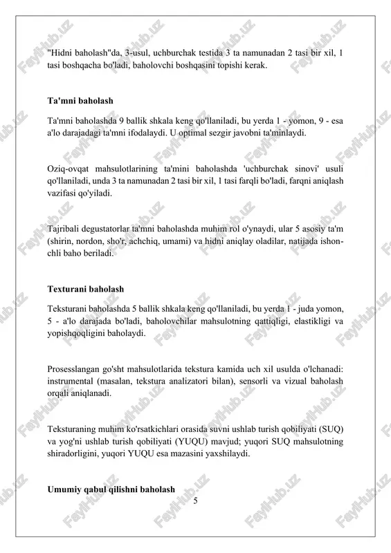 cha qisqartirish yoki yangi ziravorlar qo'shish. sensory baholash natijalariga asoslanib, mahsulotning bozor raqobatbardoshligini oshirish uchun 1-2 ta aniq tavsiya bering. masalan, iste'molchilarning afzalliklariga mos keladigan yangi qadoqlash dizaynini ishlab chiqish kerak. xulosa go'sht mahsulotlarini sezgi baholash sifati, xavfsizligi va iste'molchilarning qoniqishini ta'minlash uchun muhim ahamiyatga ega. foydalanilgan adabiyotlar 1. lawless, h. t., heymann, h. (2010). sensory evaluation of food: principles and practices (2nd ed.). springer. 2. murray, j. m., delahunty, c. m., baxter, i. a. (2001). sensory evaluation of meat. meat science, 59(1), 1-13. 3 2
