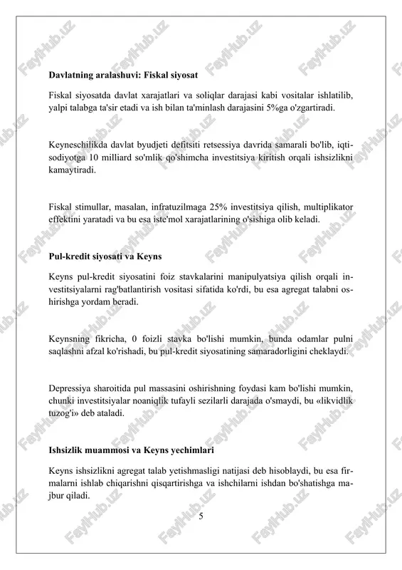 kredit siyosatini yumshatishni tavsiya etadi. xulosa keyns va keynschilik iqtisodiyoti davlatning iqtisodiy aralashuvi zarurligini ta'kidlaydi, ayniqsa 1930-yillardagi buyuk depressiya kabi davrlarda samarali bo'ldi. keynsning fiskal siyosati, masalan, davlat xarajatlari va soliqlar orqali talabni boshqarish, iqtisodiy o'sish va barqarorlikni rag'batlantirishda hal qiluvchi rol o'ynaydi. keynschilikning asosiy g'oyasi - agregat talabning yetishmasligi ishsizlikka olib kelishi mumkinligi, bu davlatning faol siyosat orqali aralashuvini talab qiladi. xulosa keynes va keynschilik iqtisodiy o'sish va barqarorlikka erishish uchun hukumatning faol aralashuvini ta'kidlab, iqtisodiy siyosatga katta ta'sir ko'rsatdi. foydalanilgan adabiyotlar 1. skidelsky, r. (2009). keynes: the return of the master. allen lane. 2. backhouse, r. e., bateman, b. w. (2011). capitalist revolutions: a history of economic thought. harvard university press. 3. clarke, p. (2009) 2