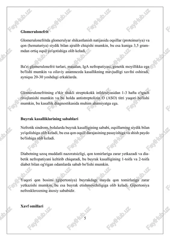 yot tarzi o'zgarishlari, masalan, protein iste'molini kuniga 0.8 gramm/kg gacha kamaytirish, buyrak funktsiyasini sezilarli darajada yaxshilaydi. dializ muolajasini boshlagan bemorlar uchun suyuqlik iste'molini kuniga 1 litrga cheklash, kaliy va fosfor miqdori past bo'lgan ovqatlar iste'mol qilish, yurak-qon tomir kasalliklari xavfini kamaytiradi. buyrak ko'chirib o'tkazilgan bemorlar immunitetni susaytiruvchi dorilarni doimiy ravishda qabul qilishlari shart, bu dorilarning dozasi va turi operatsiyadan keyingi 1 yilda o'zgarishi mumkin. xulosa buyrak kasalliklari jiddiy sog'liq muammosi bo'lib, erta tashxis qo'yish va davolash kasallikning rivojlanishini sekinlashtirishi va hayot sifatini yaxshilashi mumkin. foydalanilgan adabiyotlar 1. "braunwald's heart disease: a textbook of cardiovascular medicine" (11th ed.). philadelphia, pa: elsevier. 2. "harrison's principles of internal medicine" (20th ed.). new york, ny: mcgraw-hill education. 3. "national kidney foundation. kdoqi clinical practice guidelines." 4. "uptodate 2