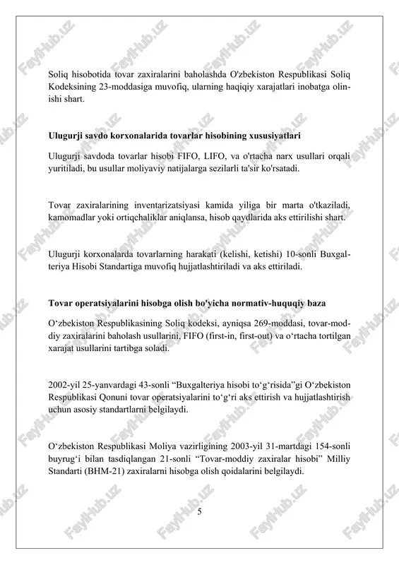 vtomatlashtirishda muhim, xatoliklar sonini kamida 25% ga kamaytiradi. tadqiqot natijalari va xulosalar tovar operatsiyalarining hisobi 2023-yilda o‘rganilganda, omborxona hisobi kamchiliklari aniqlandi, bu esa 15% gacha moliyaviy yo‘qotishlarga olib kelishi mumkin. ulgurji savdo korxonalarida tovarlarni hisobga olishning mavjud usullari 120-sonli milliy standartga muvofiq emasligi aniqlandi, bu esa jarimalarga sabab bo'lishi mumkin. 20 dan ortiq korxonalarda o‘tkazilgan tadqiqot davomida, 2022-yilda tovar operatsiyalarining hisobi bo‘yicha soliq bazasini hisoblashda 8% gacha xatolar aniqlangan. xulosa umumiy qilib aytganda, ulgurji savdo korxonalarida tovar operatsiyalari hisobi moliyaviy barqarorlikni ta'minlash va resurslardan oqilona foydalanish uchun muhim ahamiyatga ega. foydalanilgan adabiyotlar 1. ulmasov, a. x. (2018). buxgalteriya hisobi nazariyasi. toshkent: iqtisodiyot. 2. karimov, a. (2019). buxgalteriya hisobi: darslik. toshkent: o'zbekiston milliy ensiklopediyasi. 3. normativ-huquqiy hujjatlar to'plami: o'zbekiston respublikasining "buxgalteriya hisobi to'g'risida"gi qonuni. 4. o'zbekiston respublikasi moliya vazirligining buyruqlari va yo'riqnomalari. 5 2