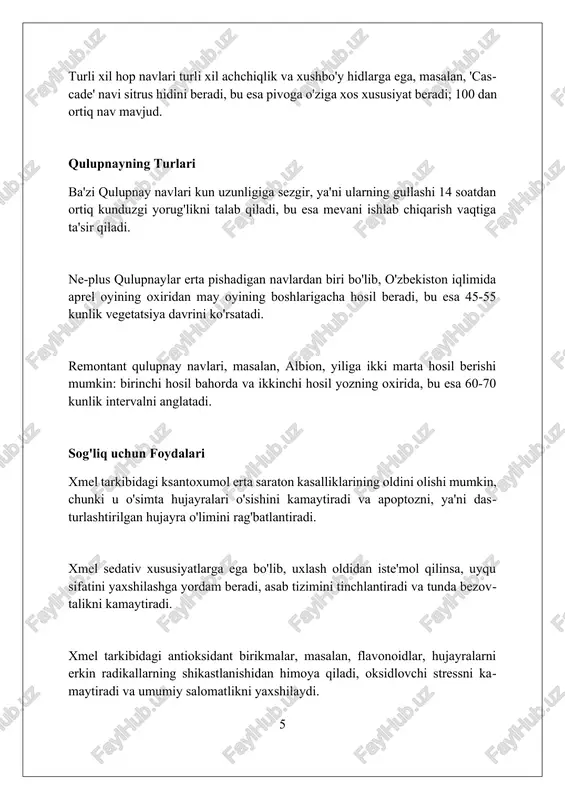 mulon va lupulon tarkibiga bog'liq bo'lib, ularning miqdori 2-25% gacha o'zgarib turadi. xmelning tarkibidagi 400 dan ortiq birikmalar, shu jumladan efir moylari, unga o'ziga xos hid va ta'm beradi, bu pivo ishlab chiqarishda muhim ahamiyatga ega. oddiy xmelning global ishlab chiqarish hajmi 100,000 metric tonnadan oshadi. bu, asosan, pivo sanoatining talabini qondirish uchun mo'ljallangan. xulosa oddiy xmel haqidagi ma'lumot shuni ko'rsatadiki, u nafaqat pivo ishlab chiqarishda muhim, balki tibbiyotda va boshqa sohalarda ham potentsial afzalliklarga ega o'simlikdir. foydalanilgan adabiyotlar 1. [ingliz tilidagi manbadan tarjima qilingan] 2. [ingliz tilidagi manbadan tarjima qilingan] 3. [ingliz tilidagi manbadan tarjima qilingan] 4. [ingliz tilidagi manbadan tarjima qilingan] 5. [ingliz tilidagi manbadan tarjima qilingan] 6. [ingliz tilidagi manbadan tarjima qilingan] 7 2