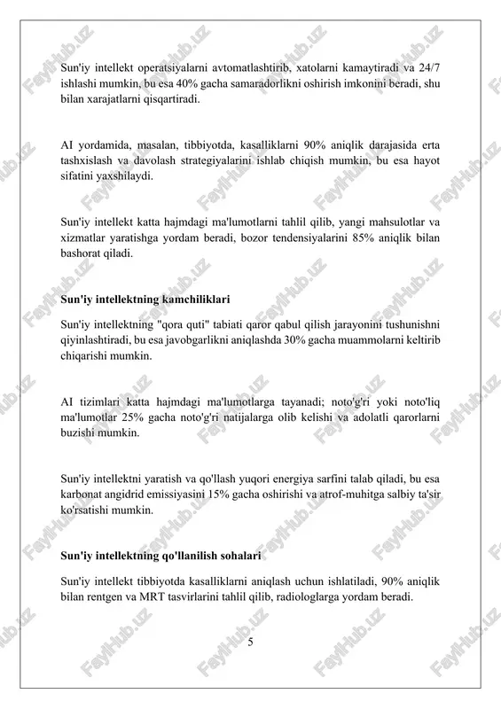 oshiradi, shuningdek strategiyani optimallashtiradi. ai ning xulosasi 85% holatda yangi imkoniyatlarni aniqlash, xavflarni baholash va resurslarni samarali taqsimlash orqali kompaniyalarga raqobatbardosh ustunlik beradi, innovatsion yechimlar yaratadi. xulosa sun'iy intellekt rivojlanishda davom etar ekan, u jamiyatimizga katta ta'sir ko'rsatishi aniq, imkoniyatlar va xavflarni keltirib chiqaradi. foydalanilgan adabiyotlar 1. russell, s. j., norvig, p. (2021). sun'iy intellekt: zamonaviy yondashuv (4-nashr). pearson. 2. poole, d., mackworth, a., goebel, r. (1998). sun'iy intellekt: hisoblash uchun yangi yondashuv. oxford university press. 3. nilsson, n. j. (1998) 2