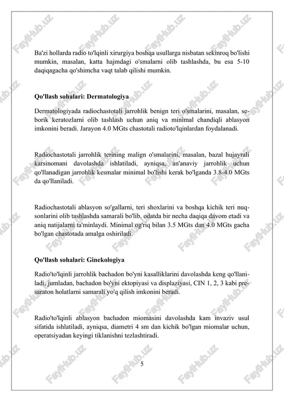 i va chandiq hosil bo'lishini o'z ichiga olishi mumkin. asoratlarni boshqarish rejimiga bemorni kuzatish, antibiotiklar (agar kerak bo'lsa), qon ivishini nazorat qilish va chandiq minimallashtirish uchun kortikosteroidlarni kiritish mumkin. quvvat sozlamalari, elektrod turi va jarrohlik texnikasi kabi omillarni optimallashtirish orqali asoratlar chastotasini taxminan 1-2% ga kamaytirish mumkin. xulosa radio to'lqinli jarrohlik yakunida minimal invazivlik tufayli bemorlar odatda 1-2 kun ichida tiklanadilar, bu esa an'anaviy usullarga nisbatan ancha qisqa muddatni tashkil etadi. radio to'lqinli jarrohlikda termal shikastlanish zonasining o'lchami taxminan 0,1 mm ni tashkil etadi, bu esa yaqin atrofdagi to'qimalarning minimal zararlanishini ta'minlaydi va yaxshi kosmetik natijalarga olib keladi. ushbu usulning samaradorligi ko'plab tadqiqotlar bilan tasdiqlangan, masalan, 95% dan ortiq muvaffaqiyat darajasi teri o'smalarini olib tashlashda, bu uni ishonchli tanlovga aylantiradi. xulosa radio to'lqinli jarrohlik minimal invaziv usul bo'lib, aniq kesish va koagulyatsiyani ta'minlaydi, bu esa tezroq tuzalishga va kamroq chandiqlanishga olib keladi. foydalanilgan adabiyotlar 1. radio to'lqinli jarrohlik: tadqiqot natijalari …