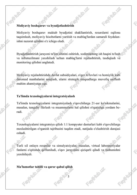 zamonaviy talablarga javob bermasligi talabalarda amaliy ko'nikmalarni shakllantirishda qiyinchilik tug'diradi. pedagog kadrlar yetishmasligi, ayniqsa, chekka hududlarda 15% gacha boʻlgan kamomad ta'lim sifatini pasaytiradi va darslarni oʻzlashtirishga salbiy ta'sir ko'rsatadi. xulosa ta'lim tizimini boshqarish samaradorlikni oshirish, resurslardan oqilona foydalanish va sifatli ta'lim berish uchun doimiy takomillashtirishni talab qiladi. foydalanilgan adabiyotlar 1. xalqaro ta'limni baholash assotsiatsiyasi (iea). (yil). ta'lim tizimini boshqarish bo'yicha tadqiqotlar. amsterdam: iea. 2. levačić, r. (2008). ta'limda moliyalashtirish va resurslarni taqsimlash: maktablar, tumanlar va milliy darajadagi samaradorlik va tenglik muammolari. london: continuum international publishing group. 3. bush, t 2