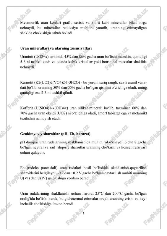 or baholash imkonini beradi. xulosa xulosa kon hosil bo'lishi haqidagi tadqiqotning yakuniy qismidir, unda asosiy topilmalar va geologik sharoitlar ta'kidlanadi, masalan, haroratning 150-250 °c oralig'ida bo'lishi. uran konlari hosil bo'lishidagi geokimyoviy jarayonlar, xususan oksidlanish-qaytarilish reaksiyalari erta diagenez davrida muhim rol o'ynaydi, bu 1 million yilgacha davom etishi mumkin. xulosa uran rudasi shakllanishida tektonik faollik va yoriq tizimlarining ta'sirini aniqlaydi, sababi bu singish jarayonlariga 0,1 dan 10 mm gacha ta'sir qiladi. xulosa uran rudasining shakllanishi geologik muhit, kimyoviy jarayonlar va fizikaviy omillarning murakkab kombinatsiyasi natijasidir. ma'dan hosil bo'lishi uchun mos sharoitlar zarur. foydalanilgan adabiyotlar 1. rudenko, s. a. "uran konlarini shakllantirish sharoitlari." moskva: atomizdat, 1975. 2. boyl, r. v. "geoximiya oltin va uran." geologik tadqiqotlar bo'yicha kanada byulleteni 280. ottava, 1979. 3. dalkamp, r. "uran konlarining geologiyasi." london: akademik matbuot, 1978. 4. rimer, t 2