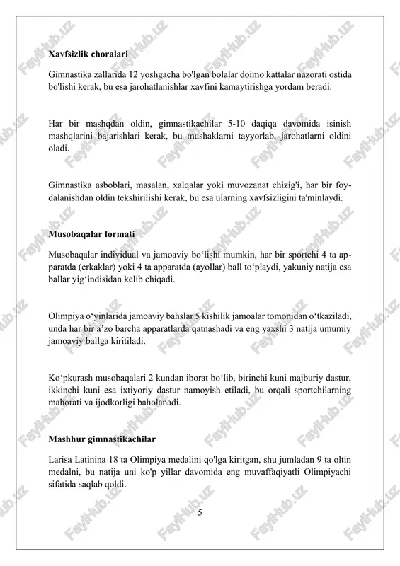 forma gimnastikachilarning harakatlarini real vaqtda monitoring qiladi, xatolarni 80% gacha kamaytiradi. xulosa gimnastika kuch, moslashuvchanlik va muvozanatni rivojlantiruvchi, jismoniy va ruhiy salomatlik uchun foydali bo'lgan ajoyib sport turidir. foydalanilgan adabiyotlar 1. gimnastika bo'yicha xalqaro federatsiya (fig) veb-sayti: www.fig-gymnastics.com 2. "gimnastika: qadam-baqadam qo'llanma" - svetlana boguinskaia 3. "gimnastika bo'yicha yangi boshlovchilar uchun to'liq qo'llanma" - krista dyurand 4. "gimnastika bo'yicha murabbiylik: ilg'or malakalar" - nil vilyams 5 2