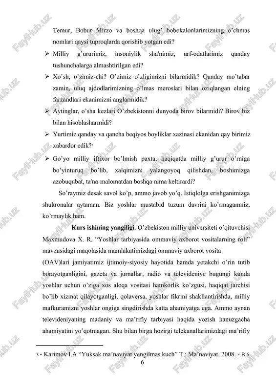 radi. a.sohibov “ommaviy axborot vositalari ma’naviy-axloqiy tarbiya minbari” mavzusidagi maqolasida o’zbekiston televideniyesi orqali ulug’ allomalar, mutaffakirlarning ijodiy faoliyati, jahon sivilizasiyasiga qo’shgan buyuk hissalari, mashhur ma’rifatparvarlarimizning odob-axloqqa oid qarashlari, ularning asarlaridan parchalarni muntazam ravishda berib borilayotganligi, shuningdek, o’zbek adiblari hamda chet el taraqqiyparvar yozuvchilarining asarlari asosida tayyorlangan spektakllarni namoyish qilayotganligi xalqimiz, ayniqsa, yoshlarni ma’naviy-axloqiy tarbiyasida muhim ahamiyatga ega ekanligini ta’kidlaydi. prezident i.a.karimov “yuksak ma’naviyat yengilmas kuch” asarida ushbu masalaga to’xtalib shunday yozadi: “insonniyatning ko’p ming yillik tajribasi shundan dalolat beradiki, dunyodagi zo’ravo n va tajavuzkor kuchlar qaysi bir xalq yoki mamlakatni o’ziga tobe qilib bo’ysindirmoqchi, uning boyliklarini egallamoqchi bo’lsa, avvalambor, uning, ya’ni eng buyuk boyligi bo’lmish milliy qadriyatlari, tarixi va ma’naviyatidan judo qilishga urinadi. buni tasdig’ini uzoq va yaqin tarixdagi ko’p misollarda yaqqol ko’rish mumkin. chunki, har qaysi millat yoki xalqning ma’naviyati uning bugungi hayoti va taqdirini, o’sib kelayotgan farzandlarining kelajagini belgilashda shak-shubhasiz hal hiluvchi ahamiyat kasb etadi. binobarin kelajagimiz ajdodlardan …