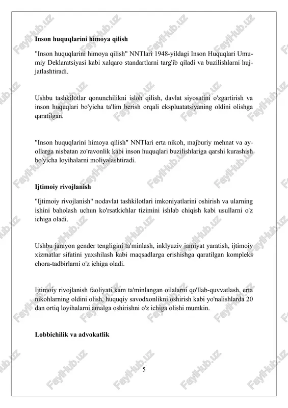 chun raqobatbardosh ish haqi va professional rivojlanish imkoniyatlarini taklif etish orqali hal qilinishi mumkin. hisobdorlik va shaffoflikning past darajasi donorlar ishonchini yo'qotishi mumkin; moliyaviy hisobotlar va dastur natijalarini ochiqlash, ishonchni mustahkamlashga yordam beradi hamda hisobdorlikni oshiradi. xulosa nodavlat va notijorat tashkilotlarining faoliyati jamiyatning rivojlanishiga, muammolarni hal qilishga va aholining turmush darajasini yaxshilashga xizmat qiladi. foydalanilgan adabiyotlar 1. dunning, j. h. (2000). regions, globalization, and the knowledge-based economy: the role of location. oxford university press. 2. edwards, m., hulme, d. (eds.). (1996). beyond the magic bullet: ngo performance and accountability in the post-cold war world 2